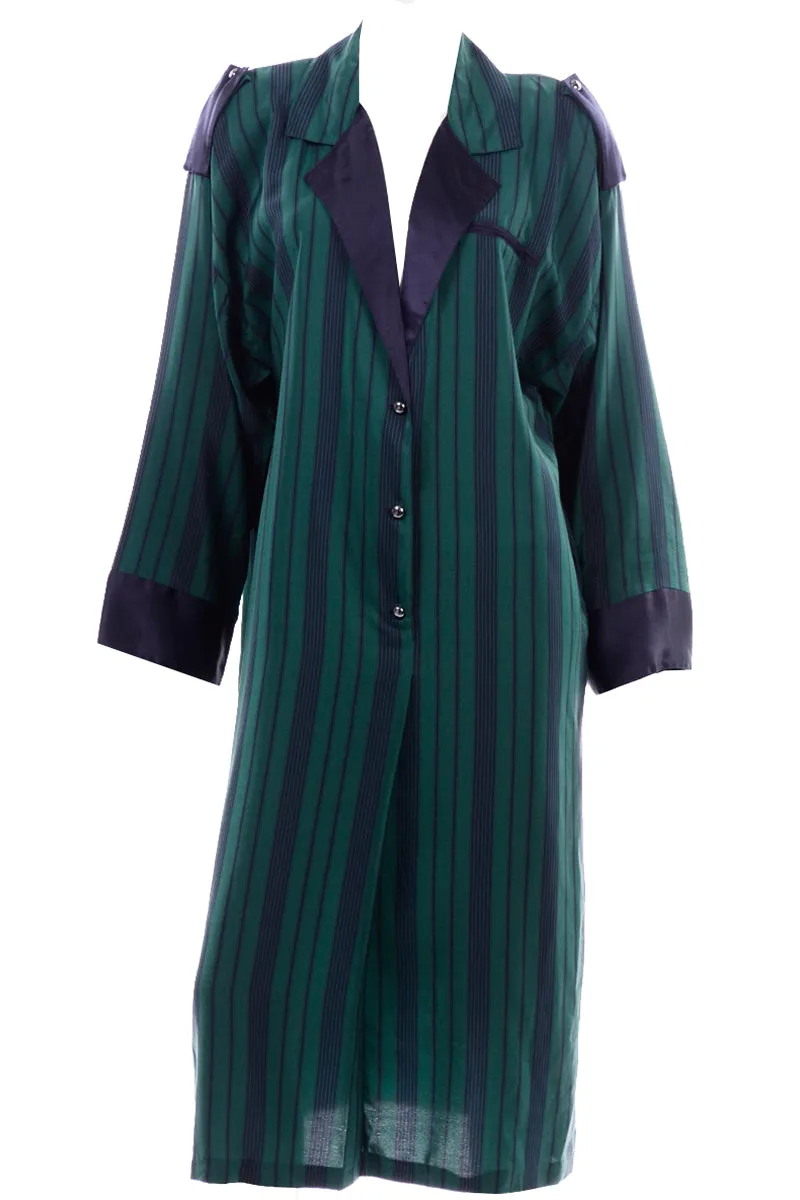 Marika Blu Italian Green and Navy Stripe Silk Relaxed Robe Style Dress