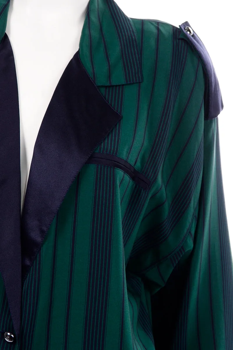 Marika Blu Italian Green and Navy Stripe Silk Relaxed Robe Style Dress