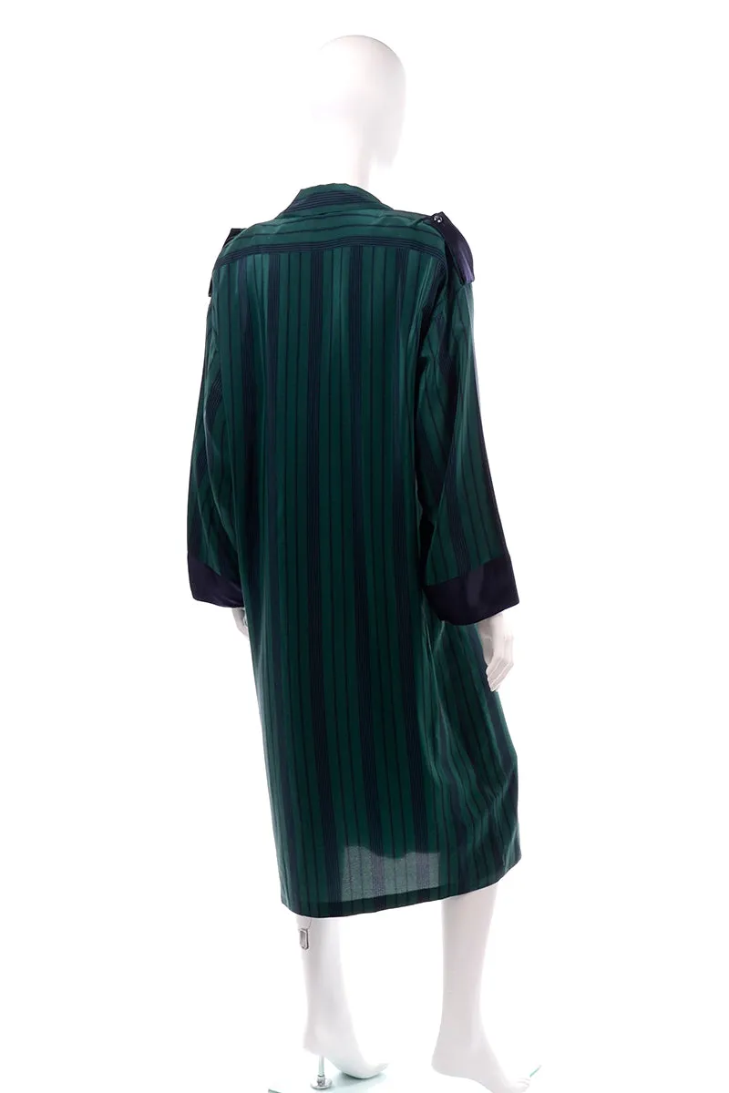 Marika Blu Italian Green and Navy Stripe Silk Relaxed Robe Style Dress