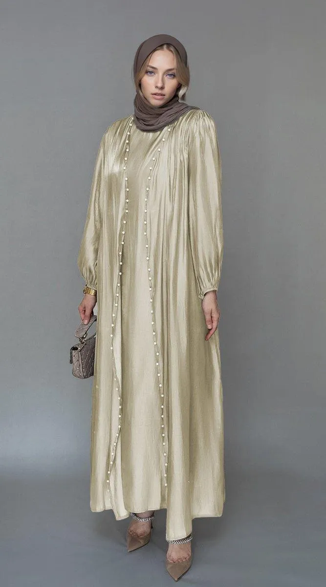 Mayrose organza like faux pearl abaya with slip dress and detachable belt ramadan eid set in beige