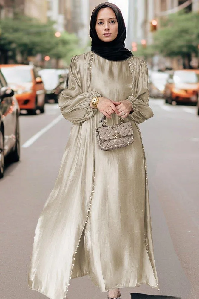 Mayrose organza like faux pearl abaya with slip dress and detachable belt ramadan eid set in beige