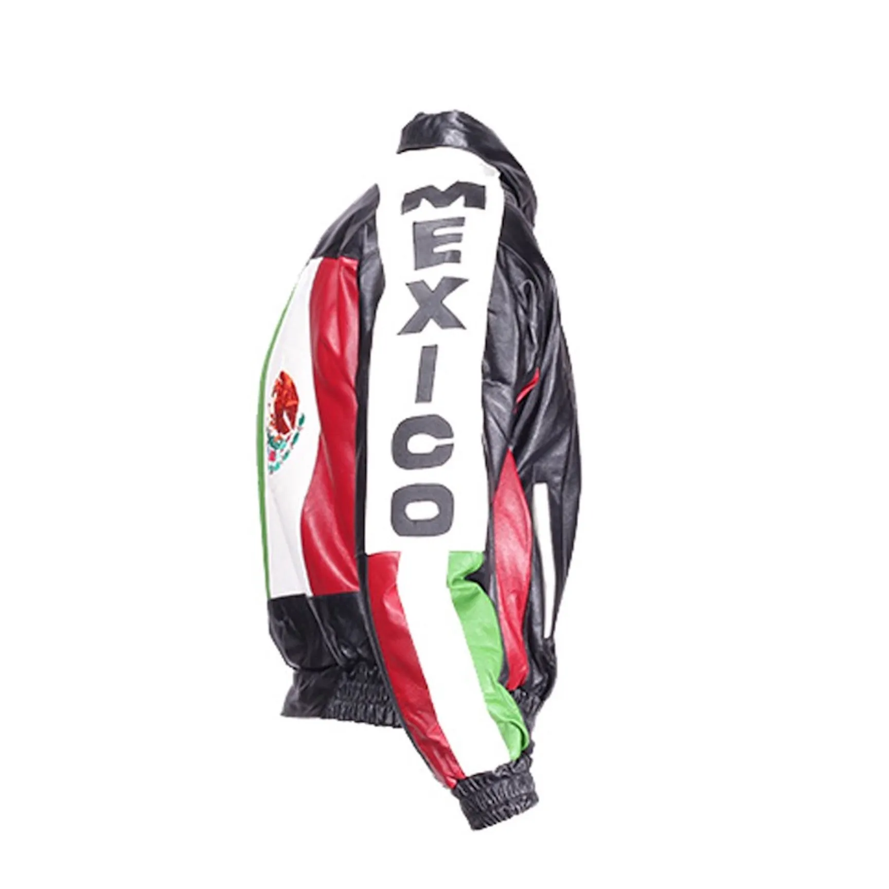 Mens Black Leather Motorcycle Jacket with Mexico Flag on Back