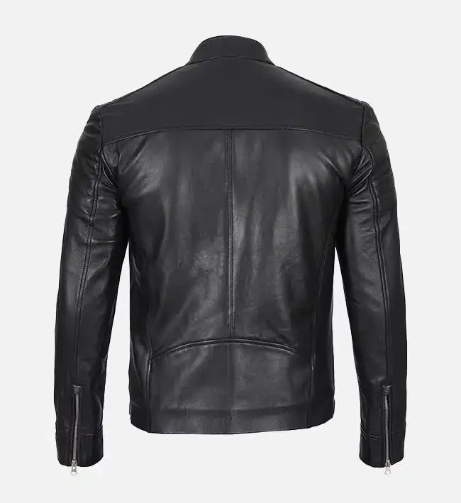 Men's Classic Black Leather Cafe Racer Jacket