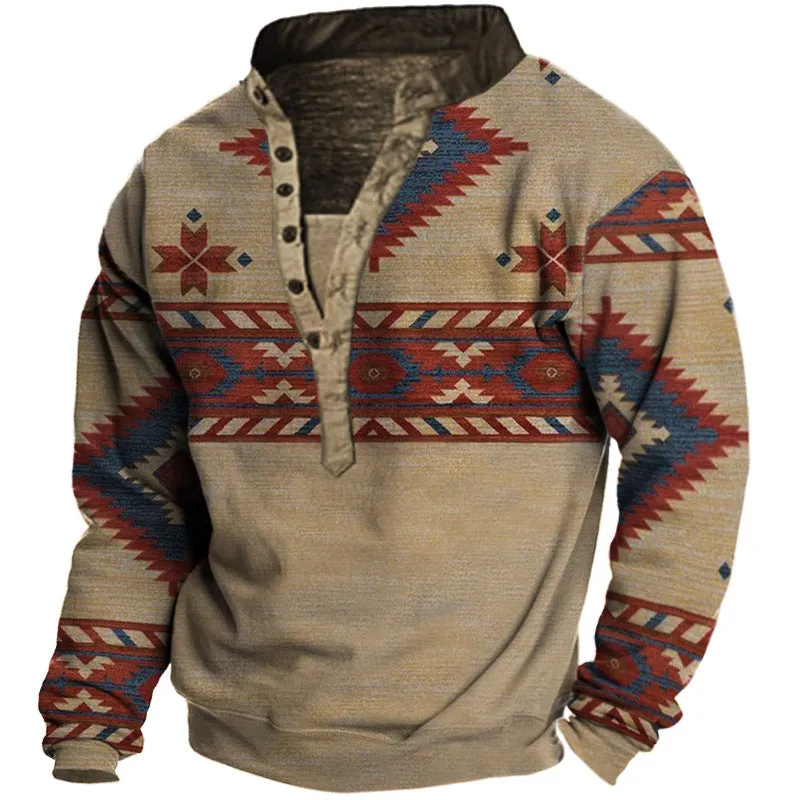 Men's Ethnic Print Henley Collar Button Closure Sweatshirt | YO1S