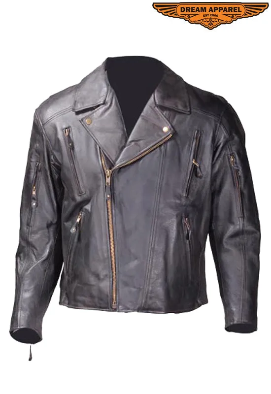 Mens Leather Jacket With Hidden Snap Down Collar