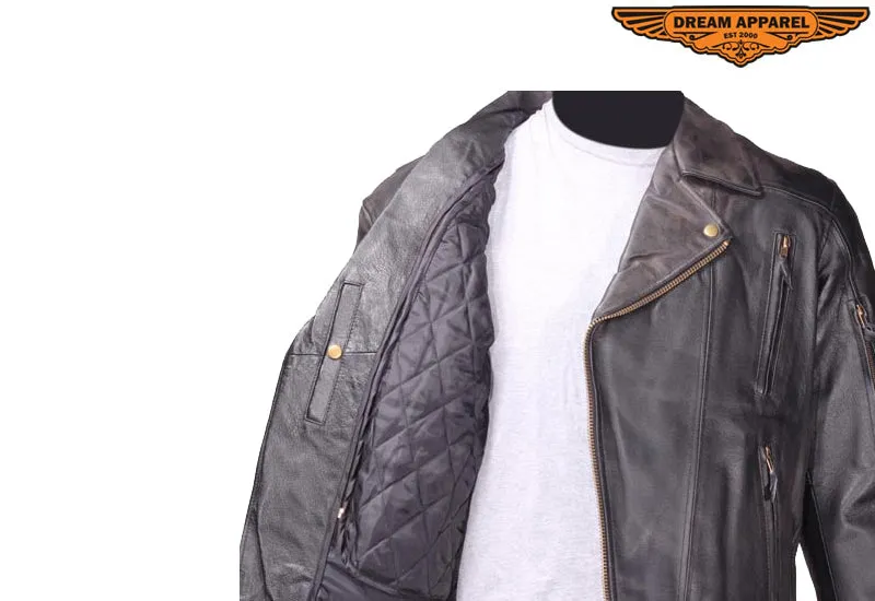 Mens Leather Jacket With Hidden Snap Down Collar