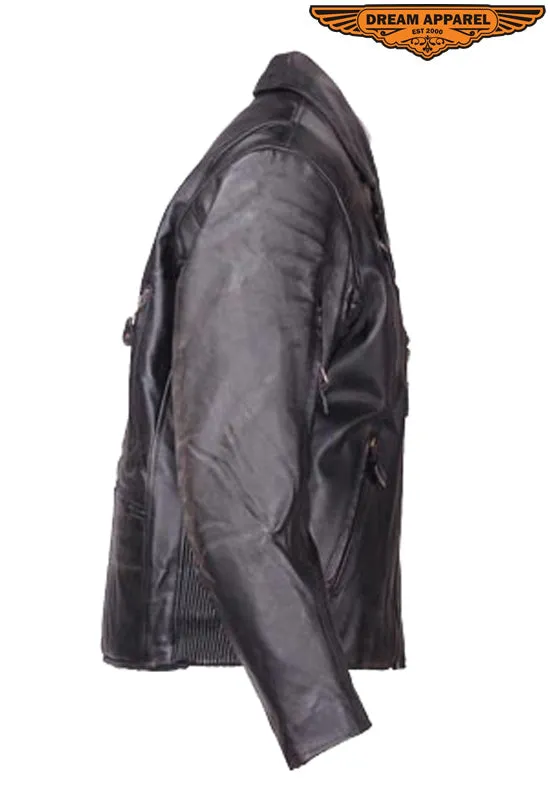 Mens Leather Jacket With Hidden Snap Down Collar