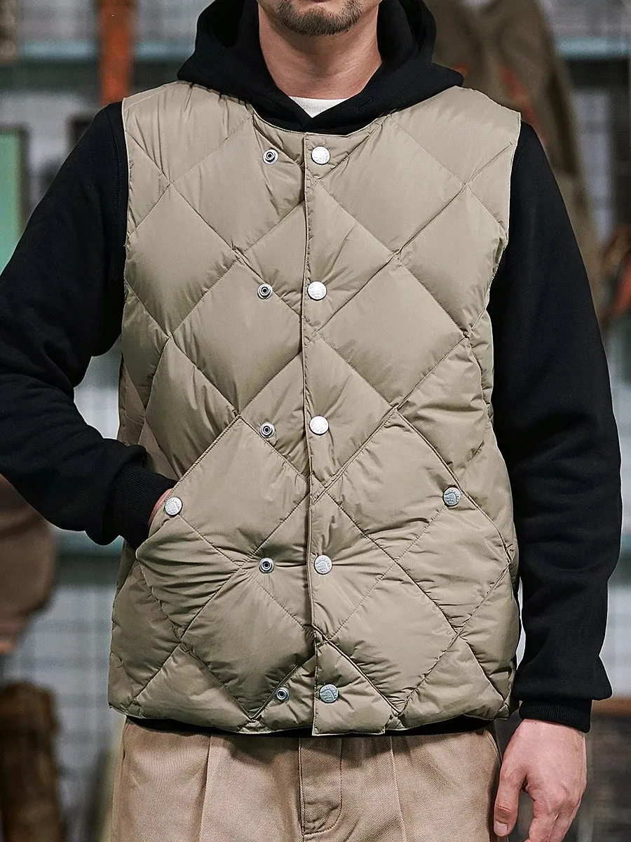 Men's Slim Fit Down Vest - Black Khaki Quilted Sleeveless Jacket