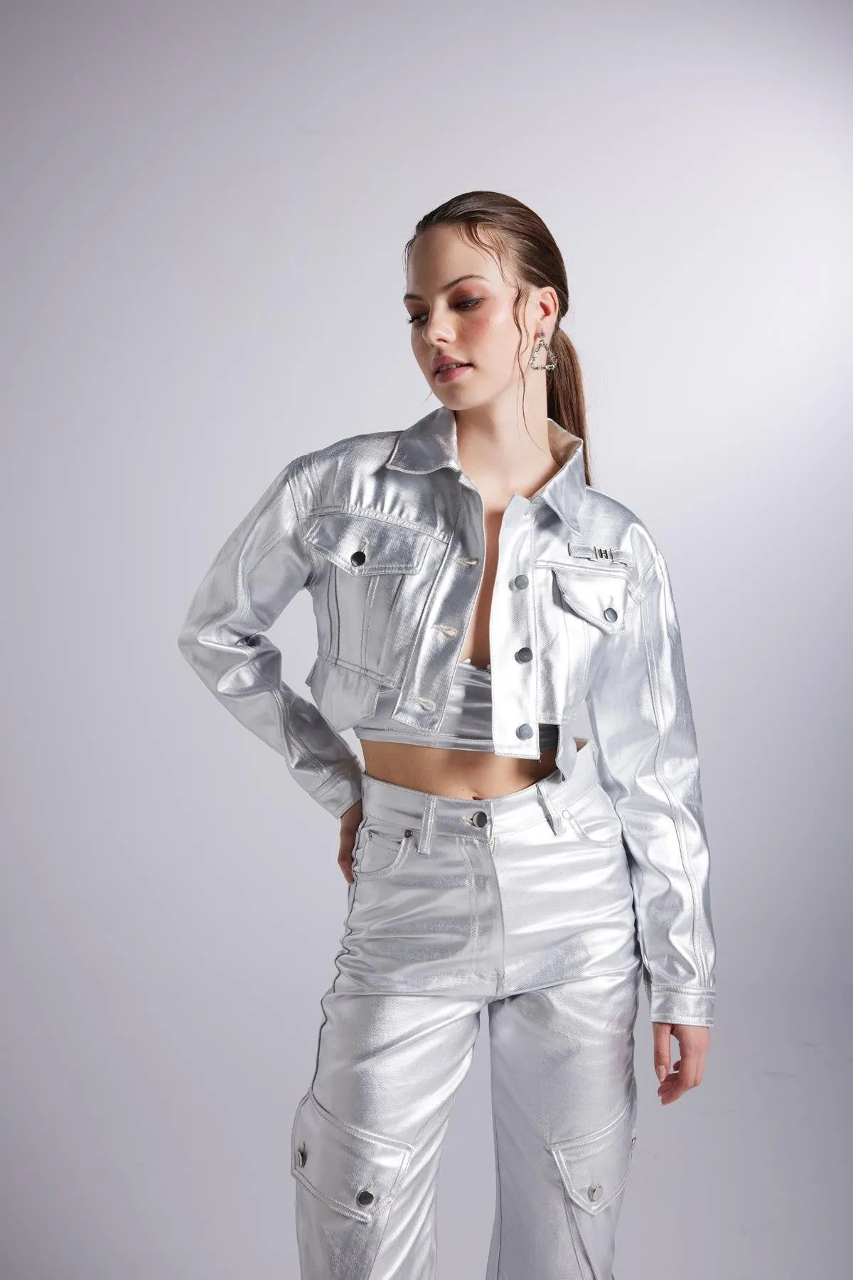 Metallic Grey Glossy Millen Cropped Jacket