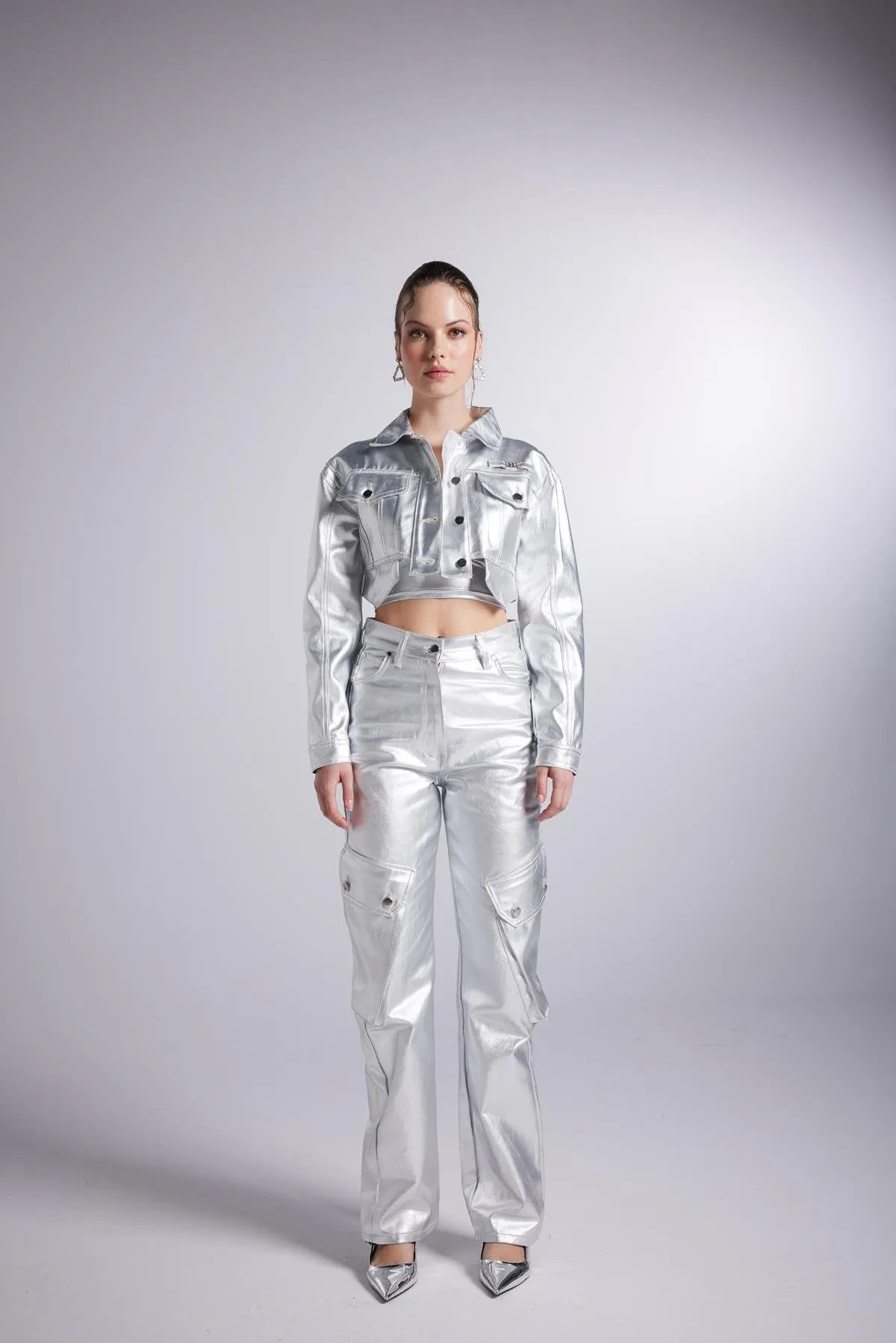 Metallic Grey Glossy Millen Cropped Jacket