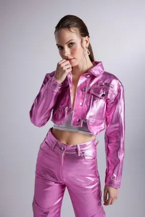 Metallic Pink Glossy Millen Cropped Jacket