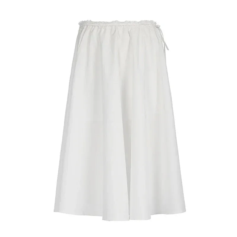 Metaversmall Streetwear White Loose Long Skirt Holidays Casual Lace Trim Tie-Up Summer Skirts Female Korean Chic A-Line Clothing