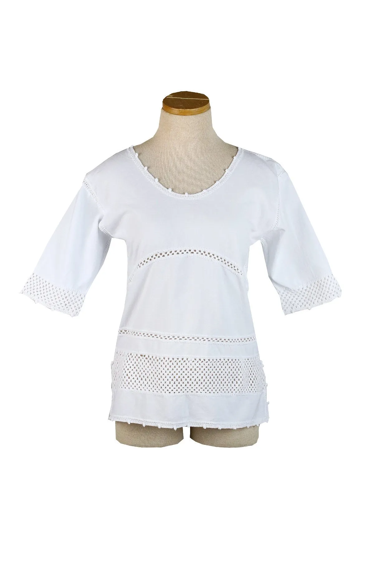 Mexican 3/4 Length Sleeve Top with Crochet Stripes at Hip