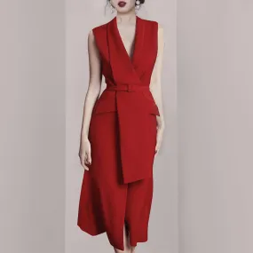 Minimalist Dresses For Women Notched Collar Sleeveless High Waist Tunic Patchwork Belt Red Dress Female Fashion