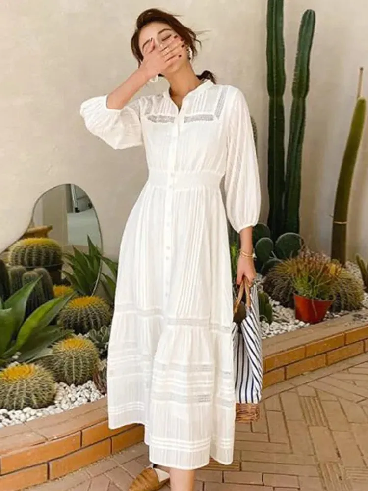 Minimalist Dresses For Women Stand Collar Long Sleeve High Waist Tunic Patchwrok Single Breasted Dress Female