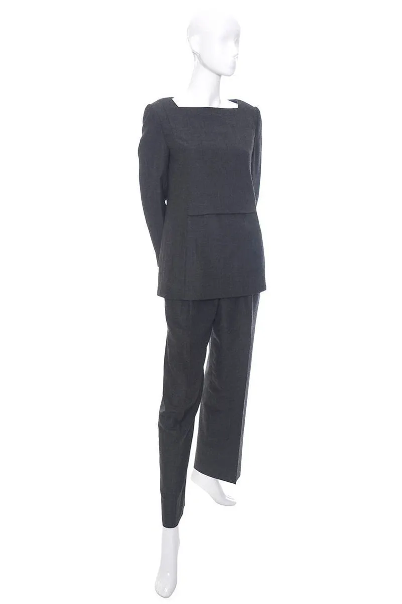 Minimalist James Galanos Vintage Gray Wool Tunic Top and Pants Outfit Small