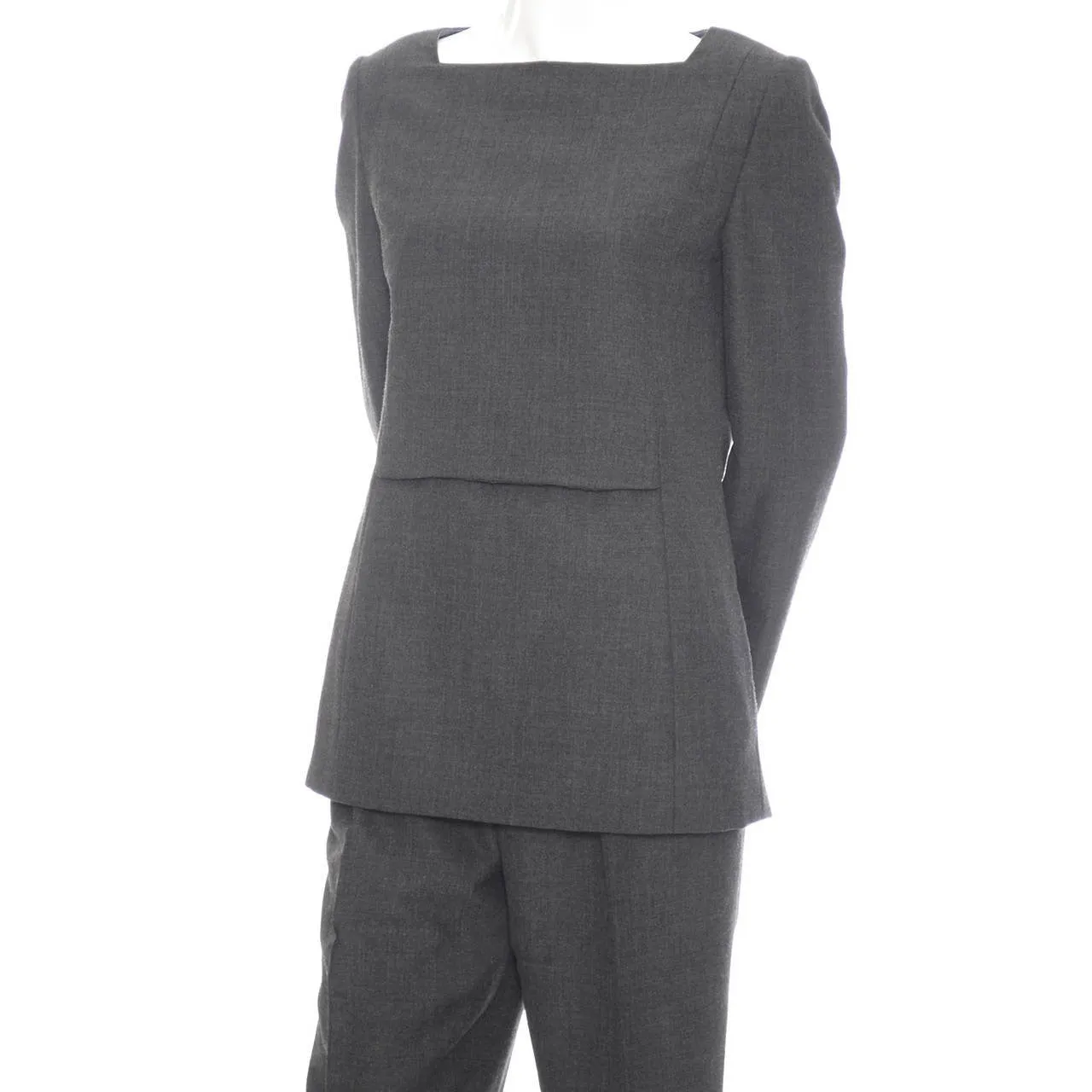 Minimalist James Galanos Vintage Gray Wool Tunic Top and Pants Outfit Small