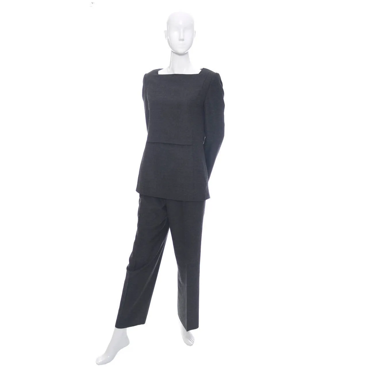 Minimalist James Galanos Vintage Gray Wool Tunic Top and Pants Outfit Small