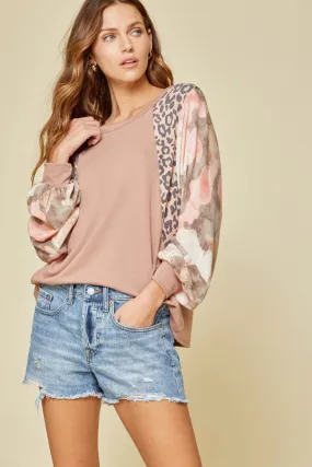 Mixed Print Balloon Sleeve Top, Mauve