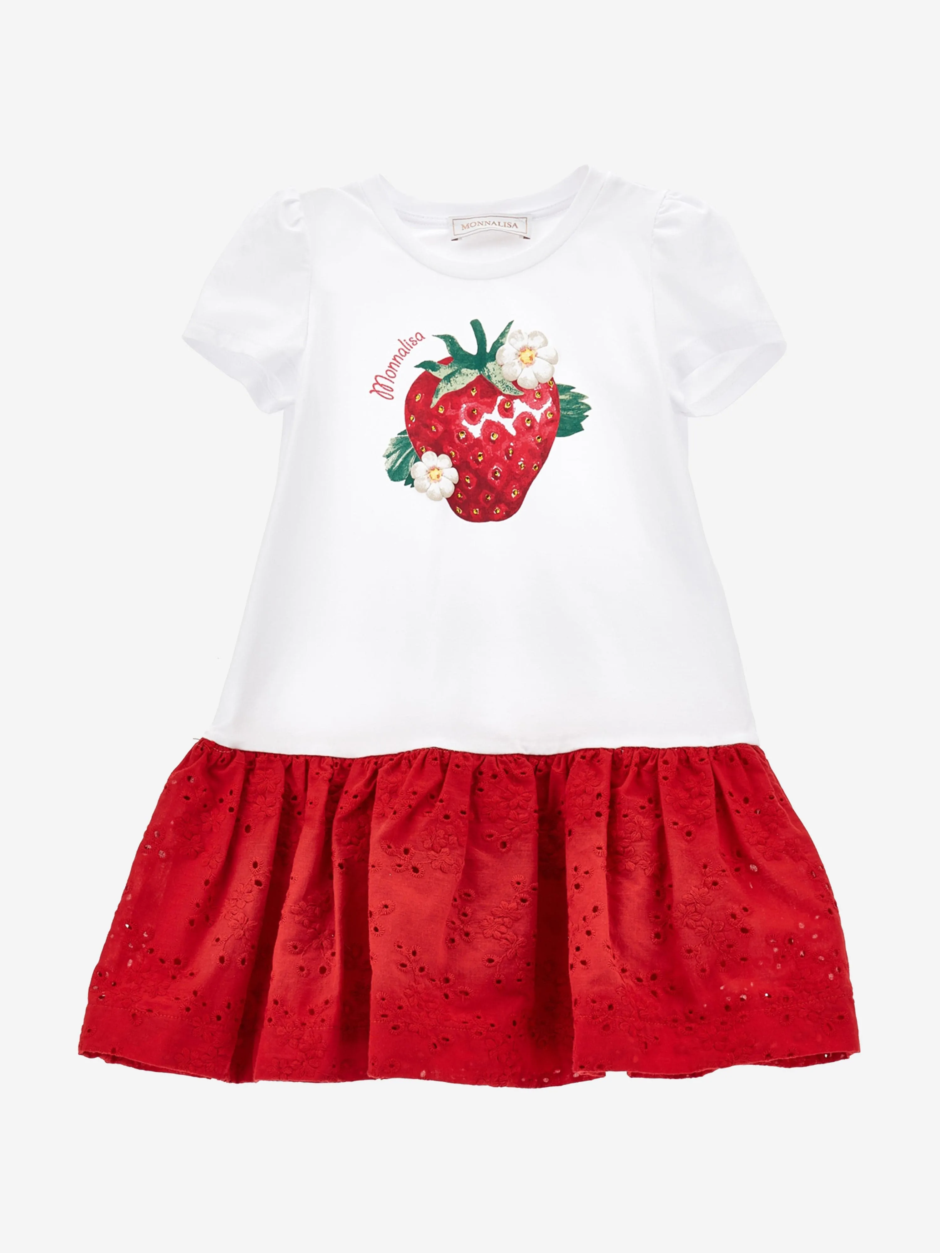 Monnalisa Girls Strawberry Jersey Dress in White