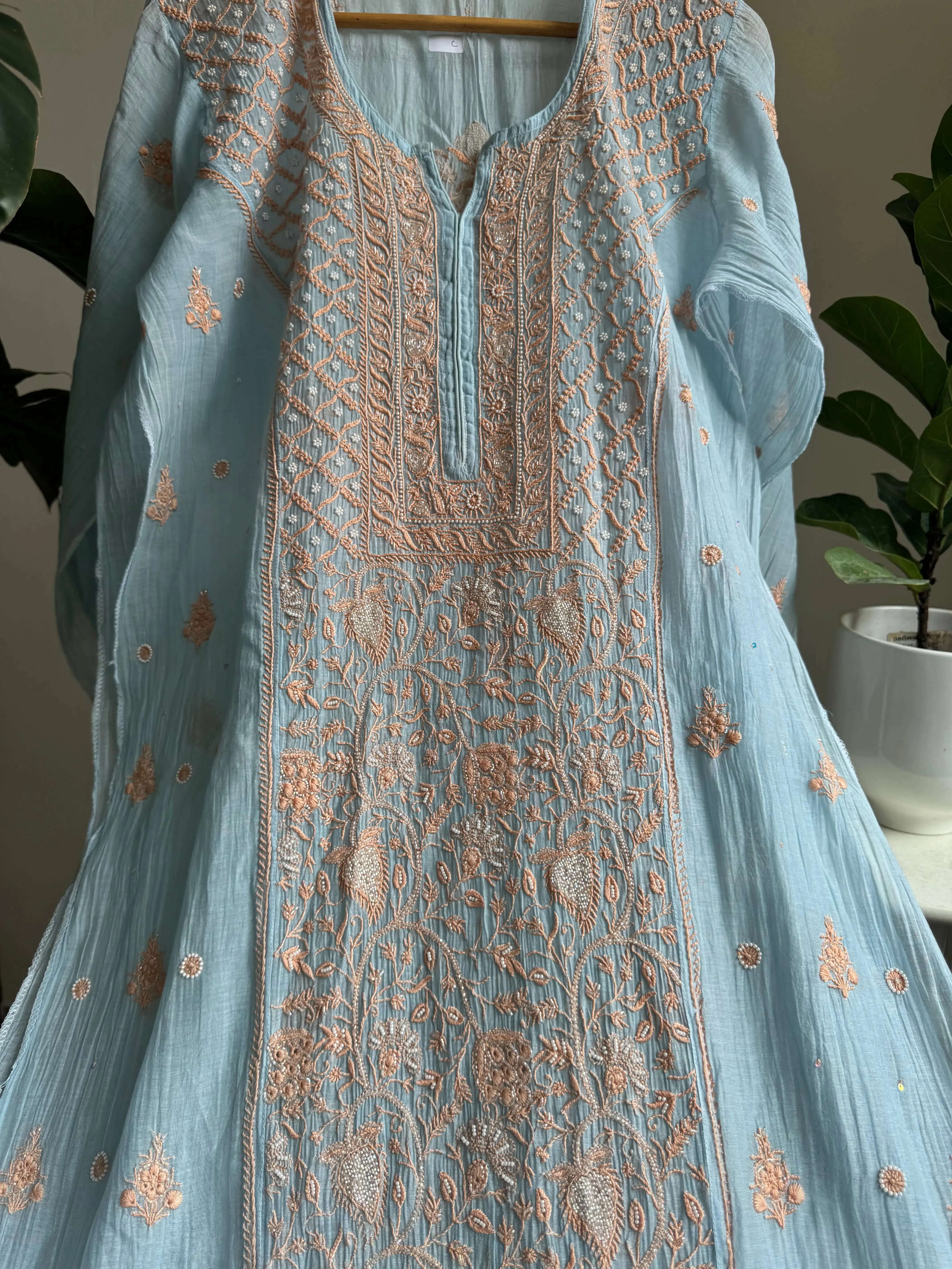 Mul Chanderi Chikankari Straight Tunic - Blue -Multi Color