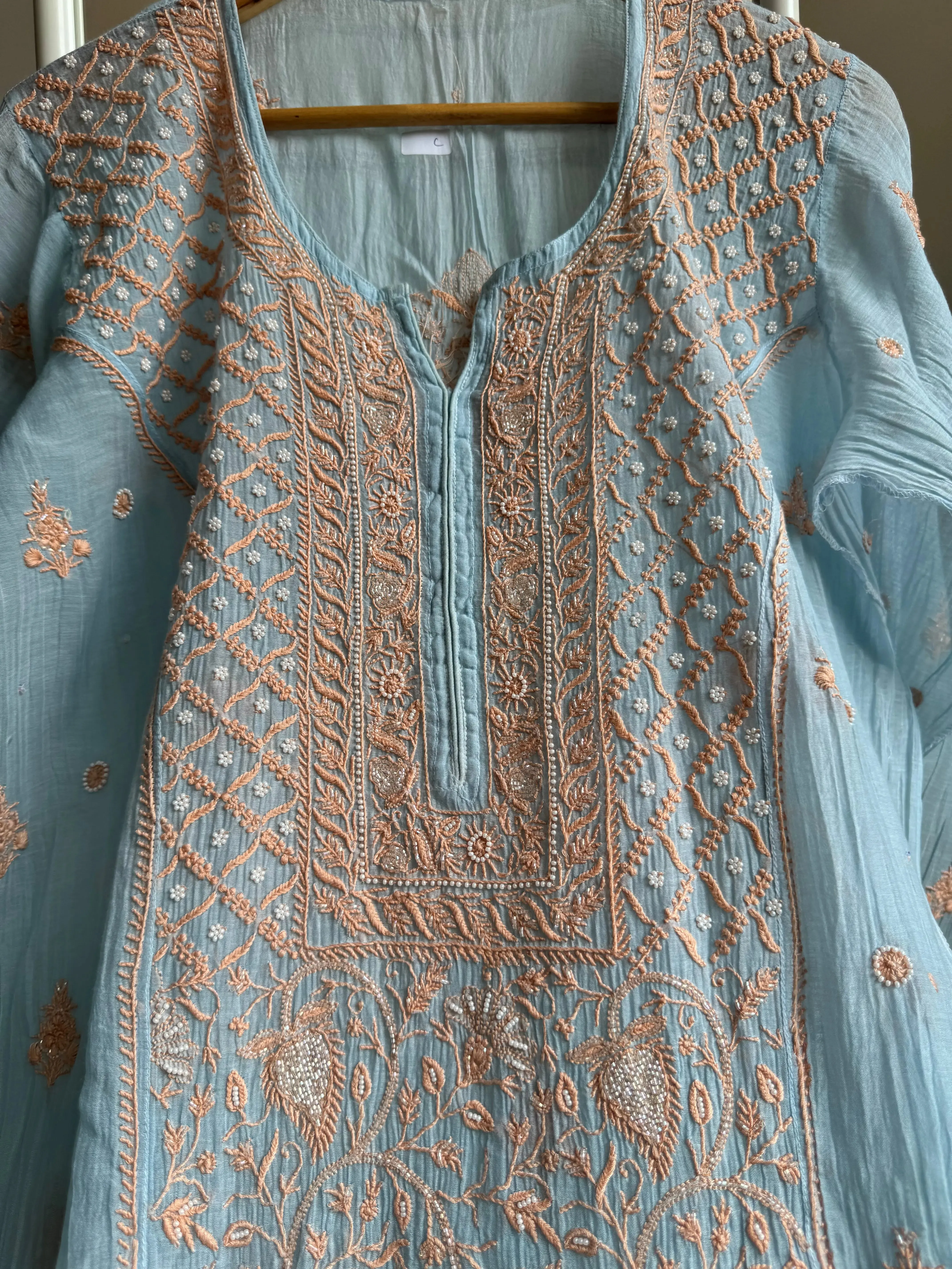 Mul Chanderi Chikankari Straight Tunic - Blue -Multi Color