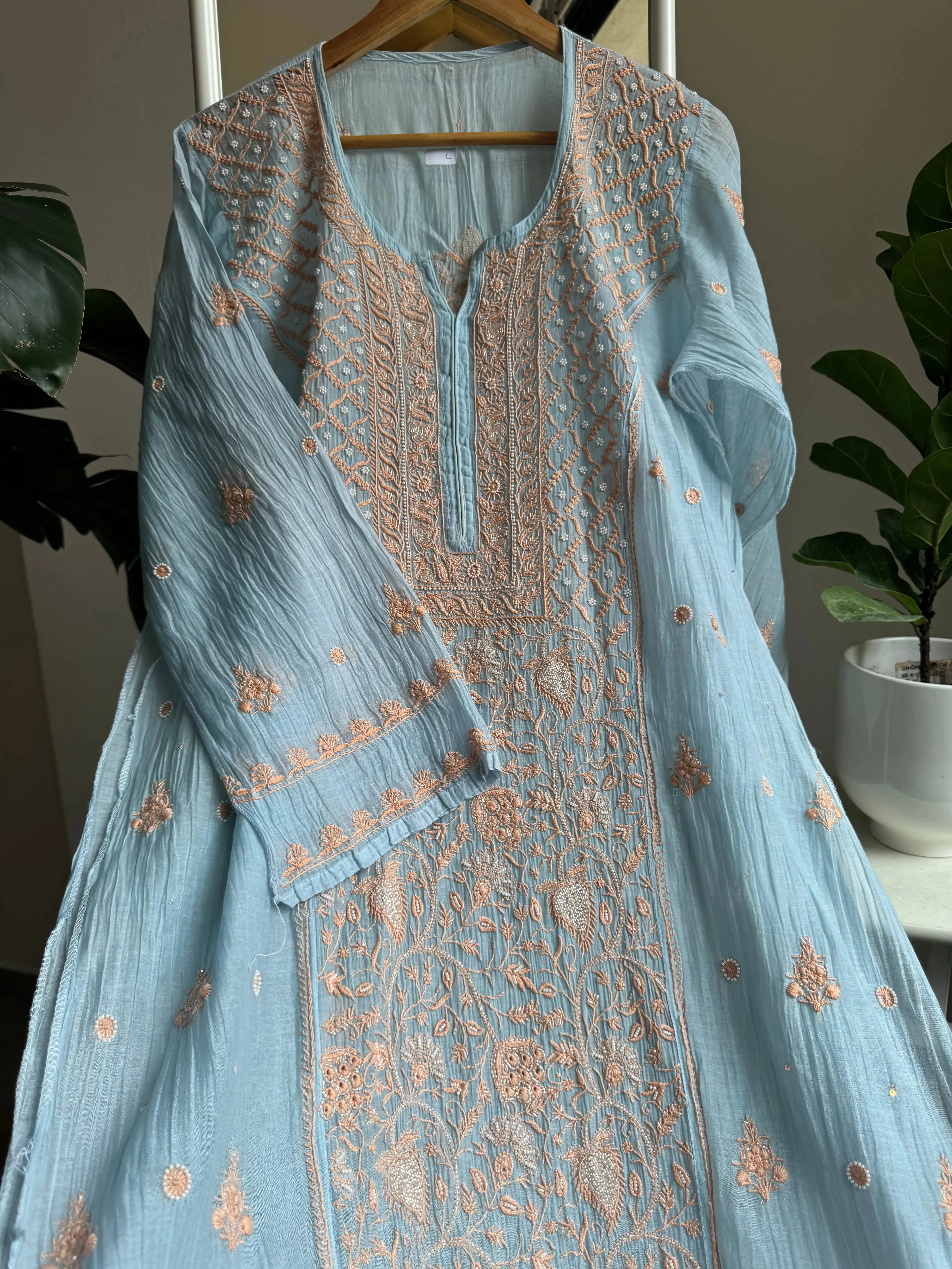 Mul Chanderi Chikankari Straight Tunic - Blue -Multi Color