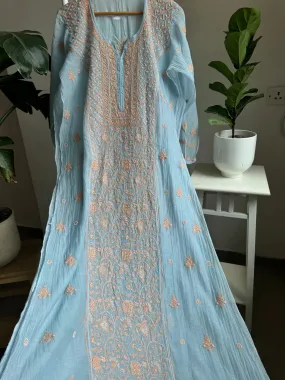 Mul Chanderi Chikankari Straight Tunic - Blue -Multi Color