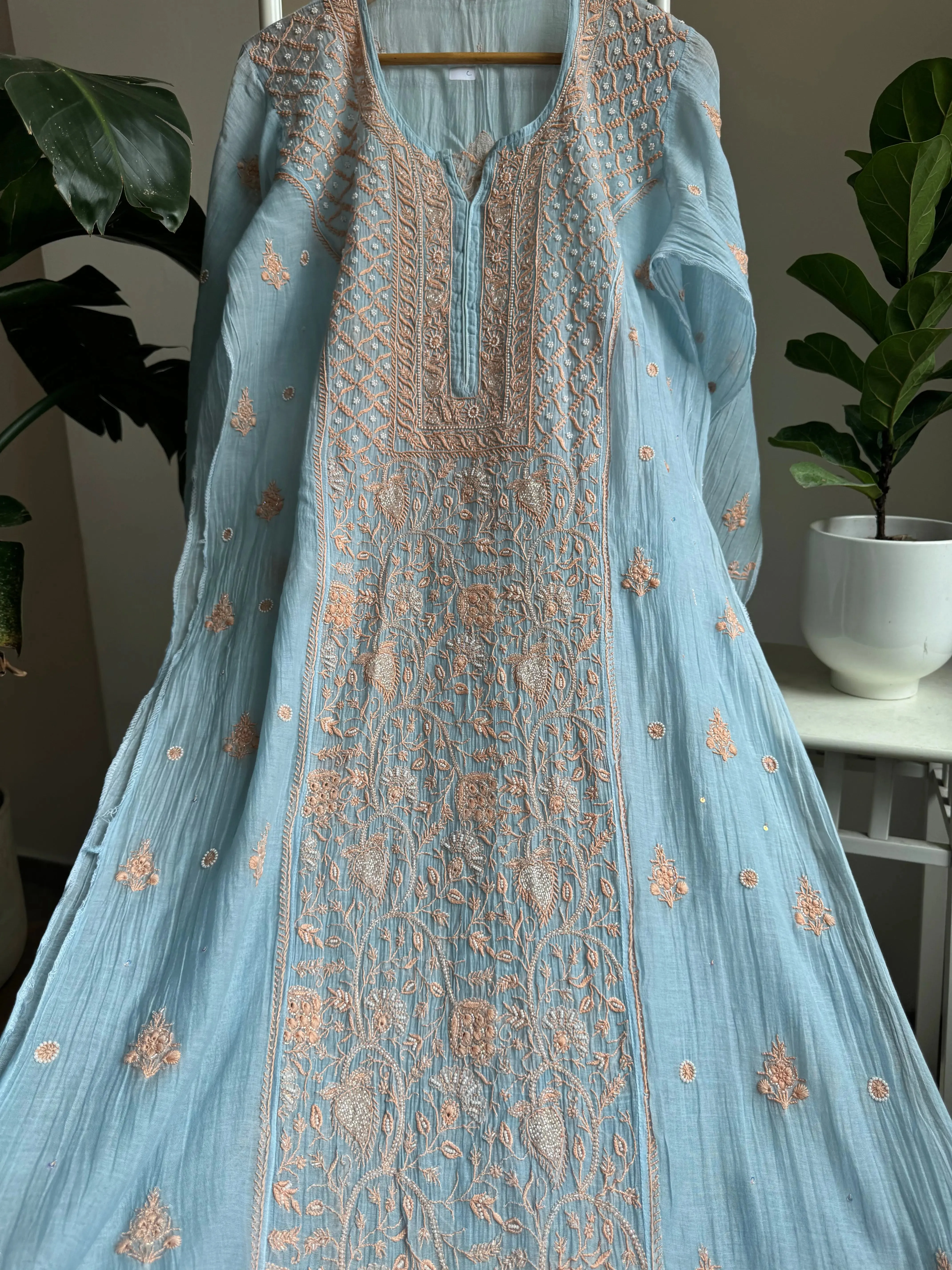 Mul Chanderi Chikankari Straight Tunic - Blue -Multi Color