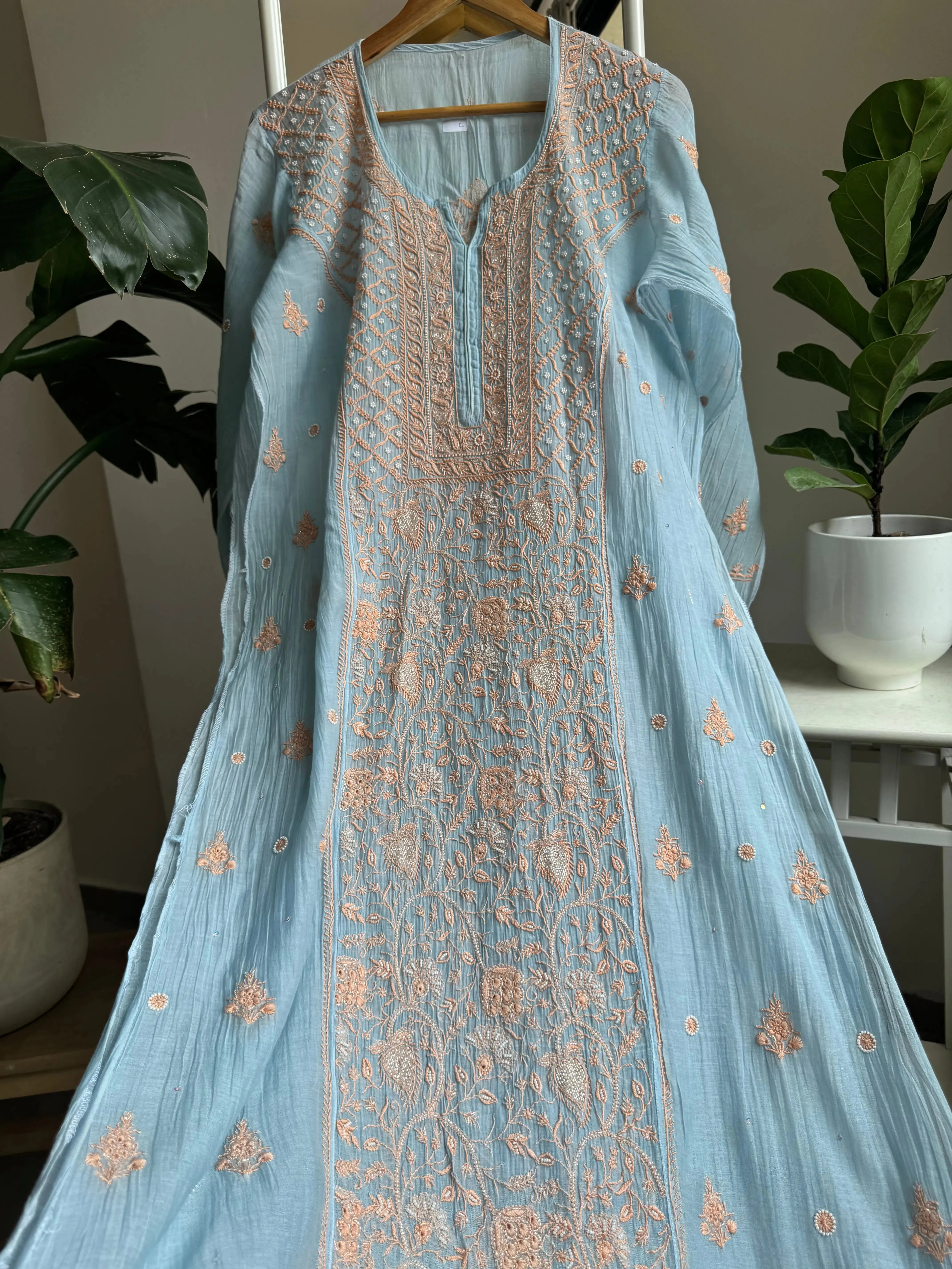 Mul Chanderi Chikankari Straight Tunic - Blue -Multi Color