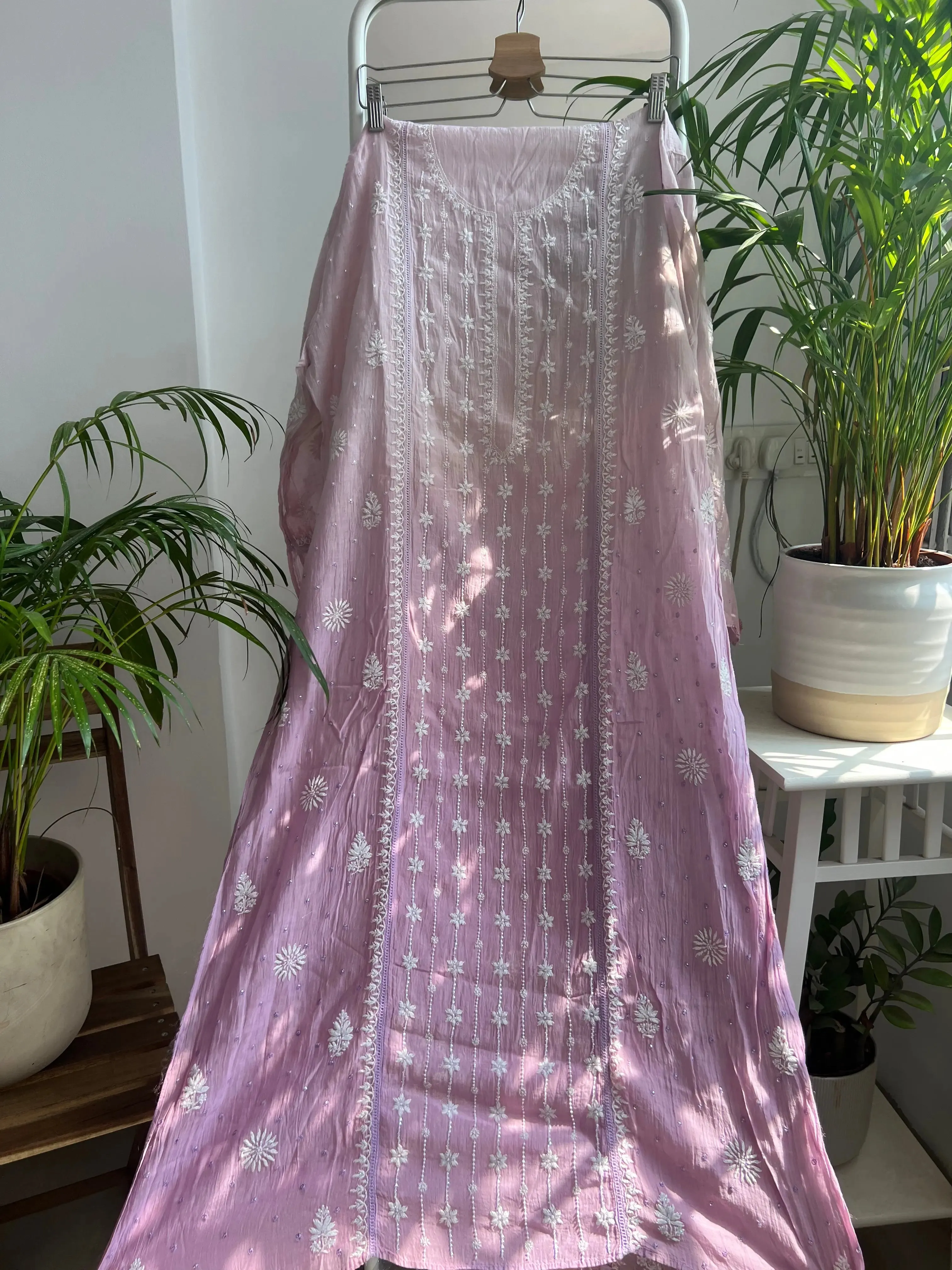 Mul Chanderi Chikankari Tunic - Lilac Ombre