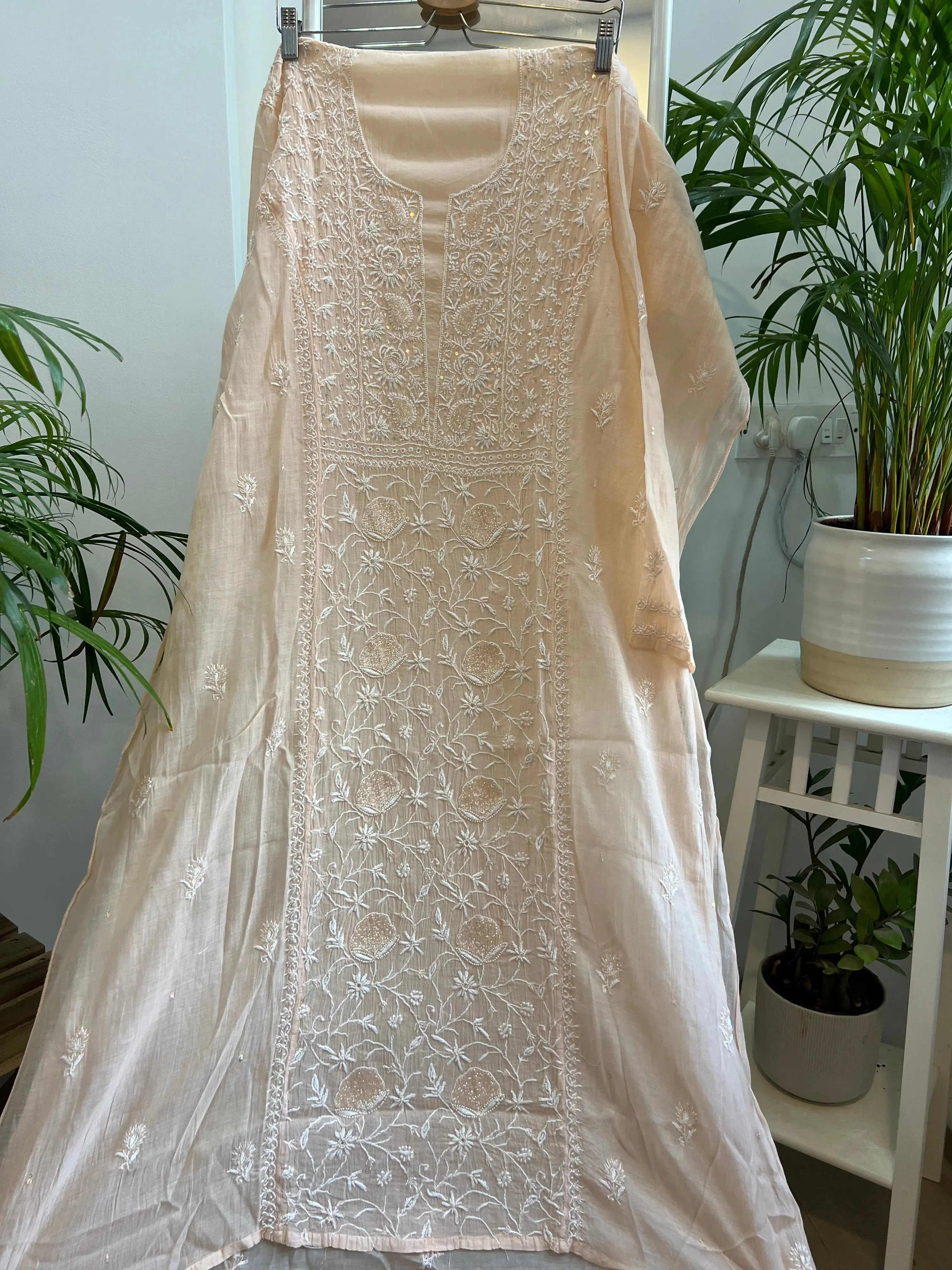 Mul Chanderi Chikankari Tunic - Peach