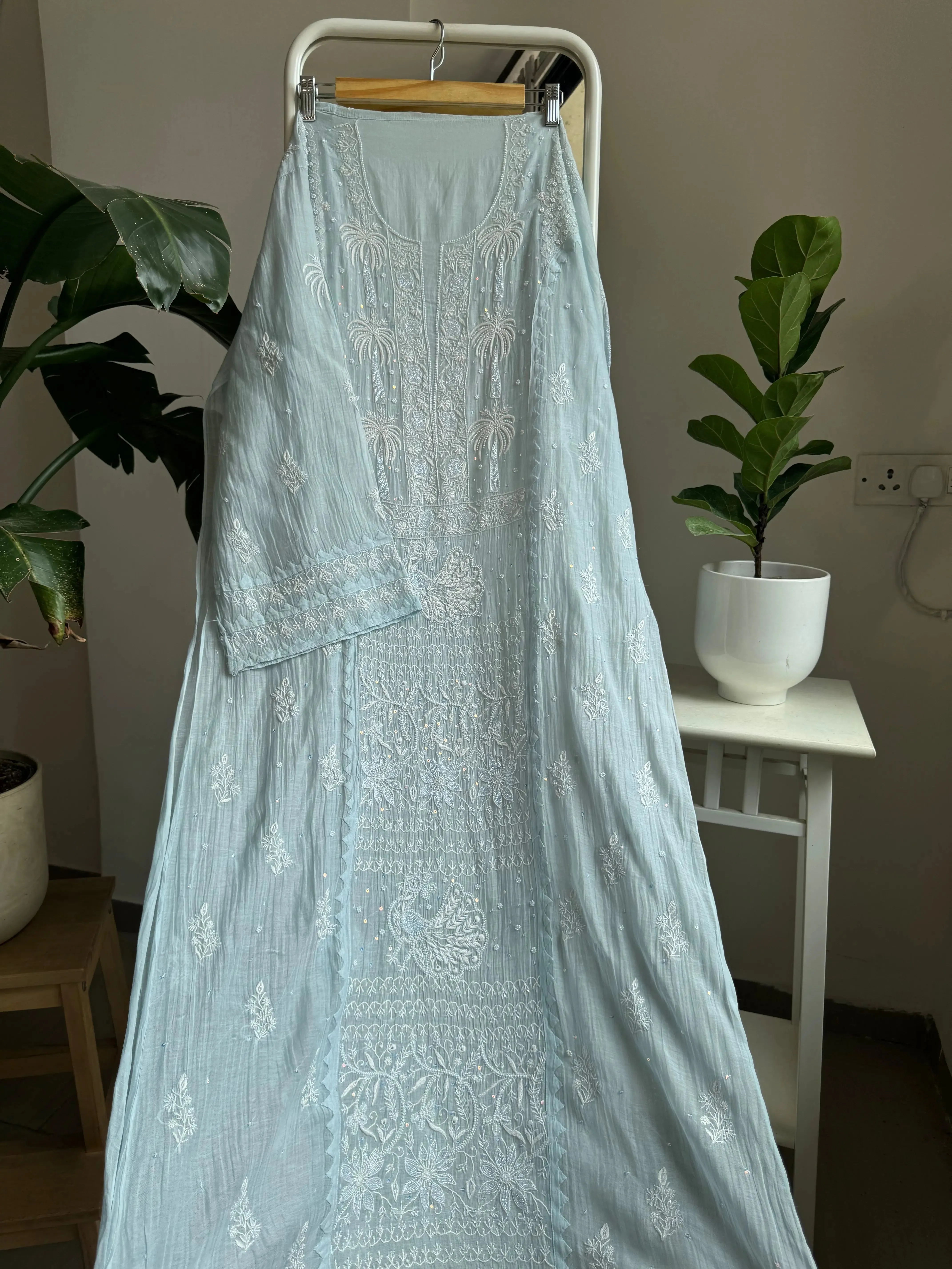 Mul Chanderi Straight Chikankari Tunic - Baby Blue