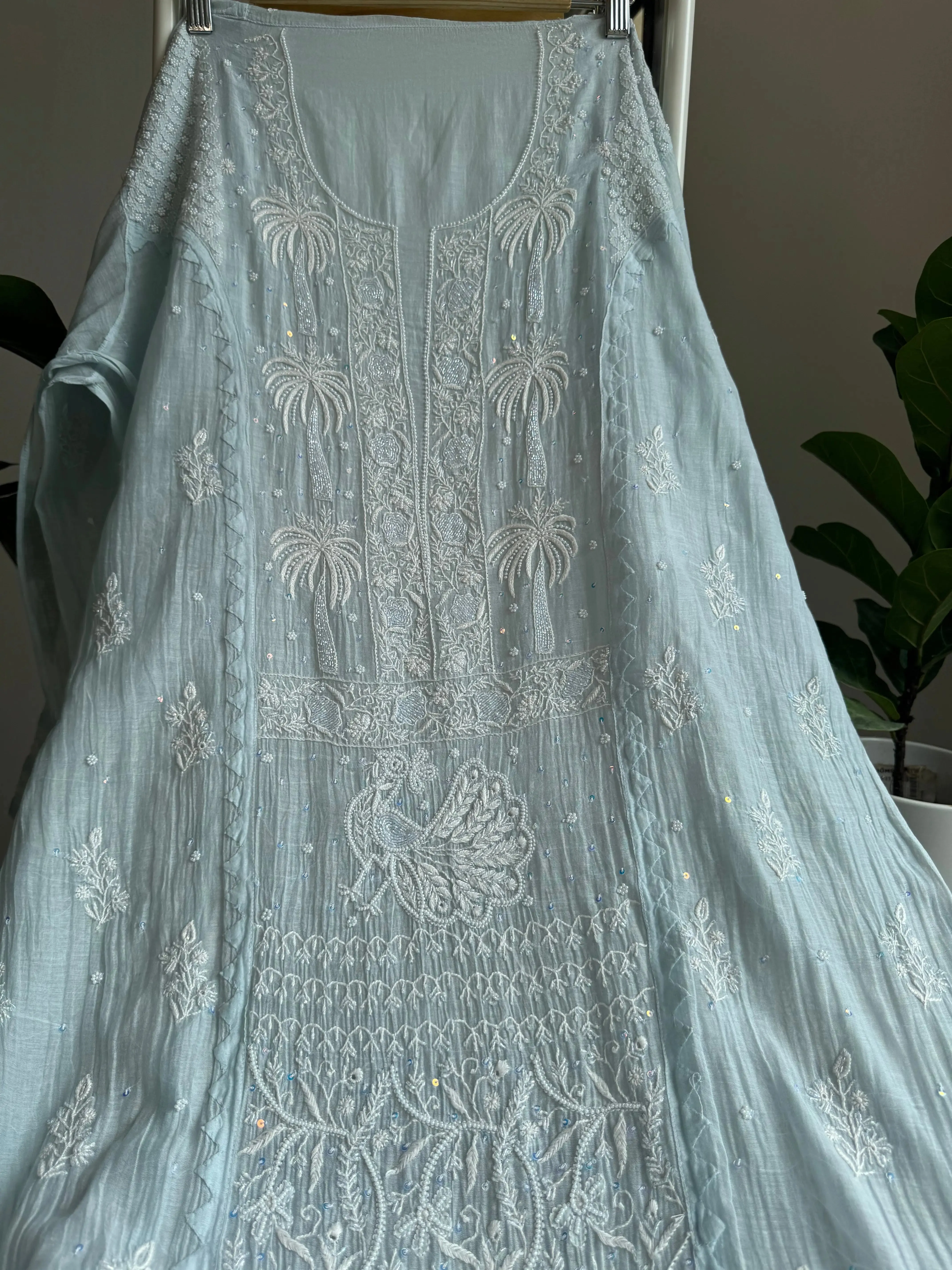 Mul Chanderi Straight Chikankari Tunic - Baby Blue