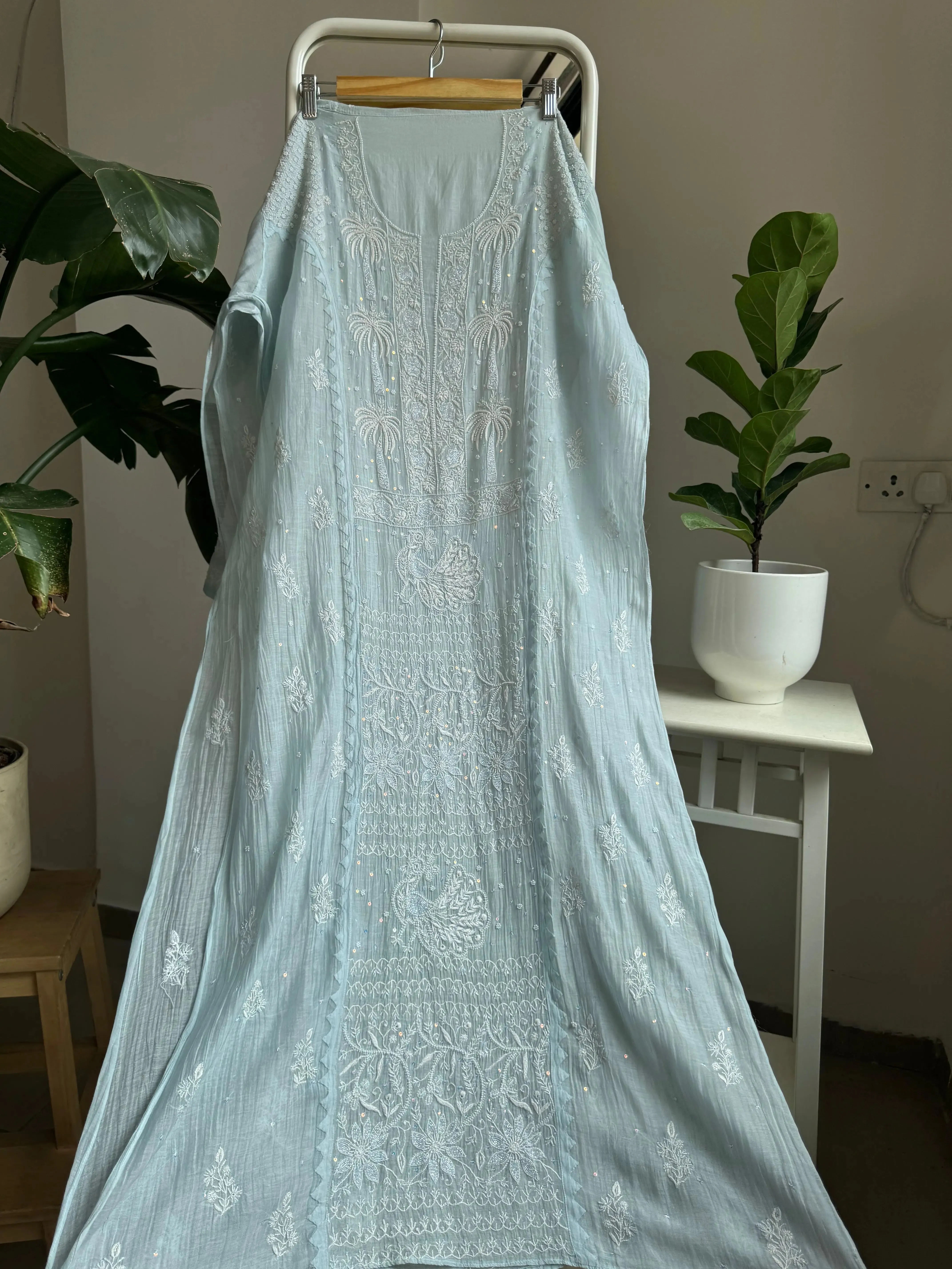 Mul Chanderi Straight Chikankari Tunic - Baby Blue