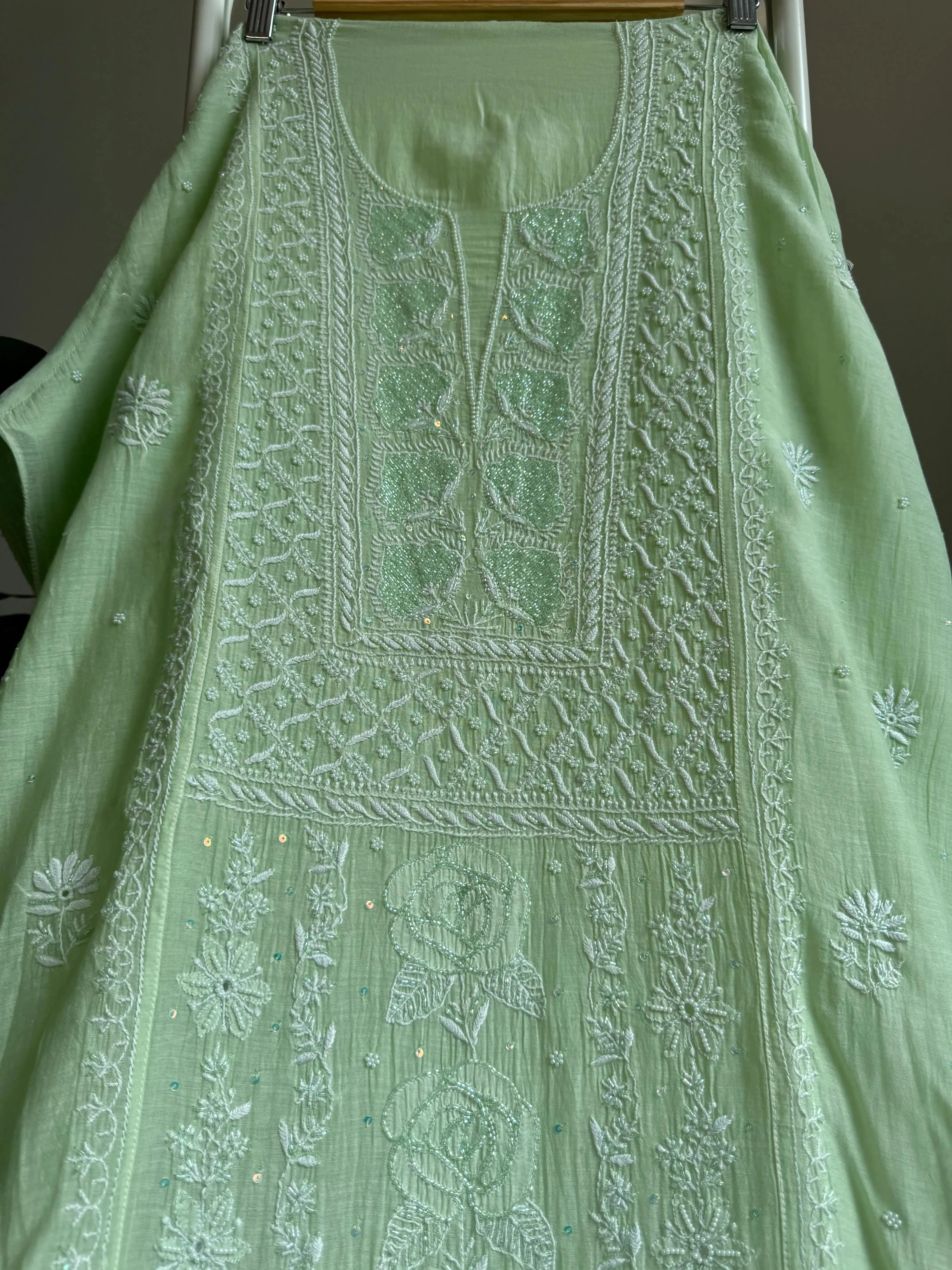 Mul Chanderi Straight Chikankari Tunic - Green