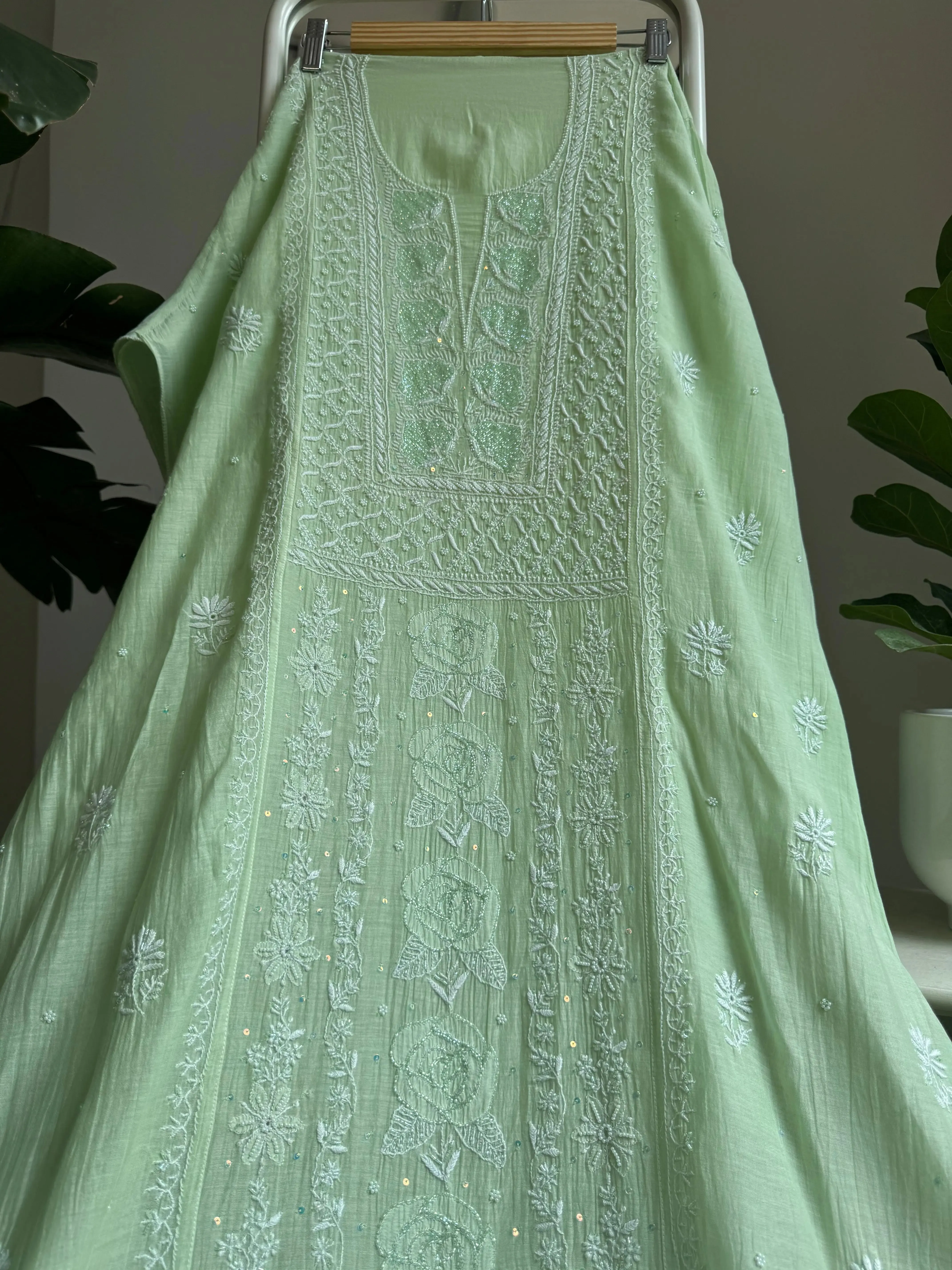 Mul Chanderi Straight Chikankari Tunic - Green