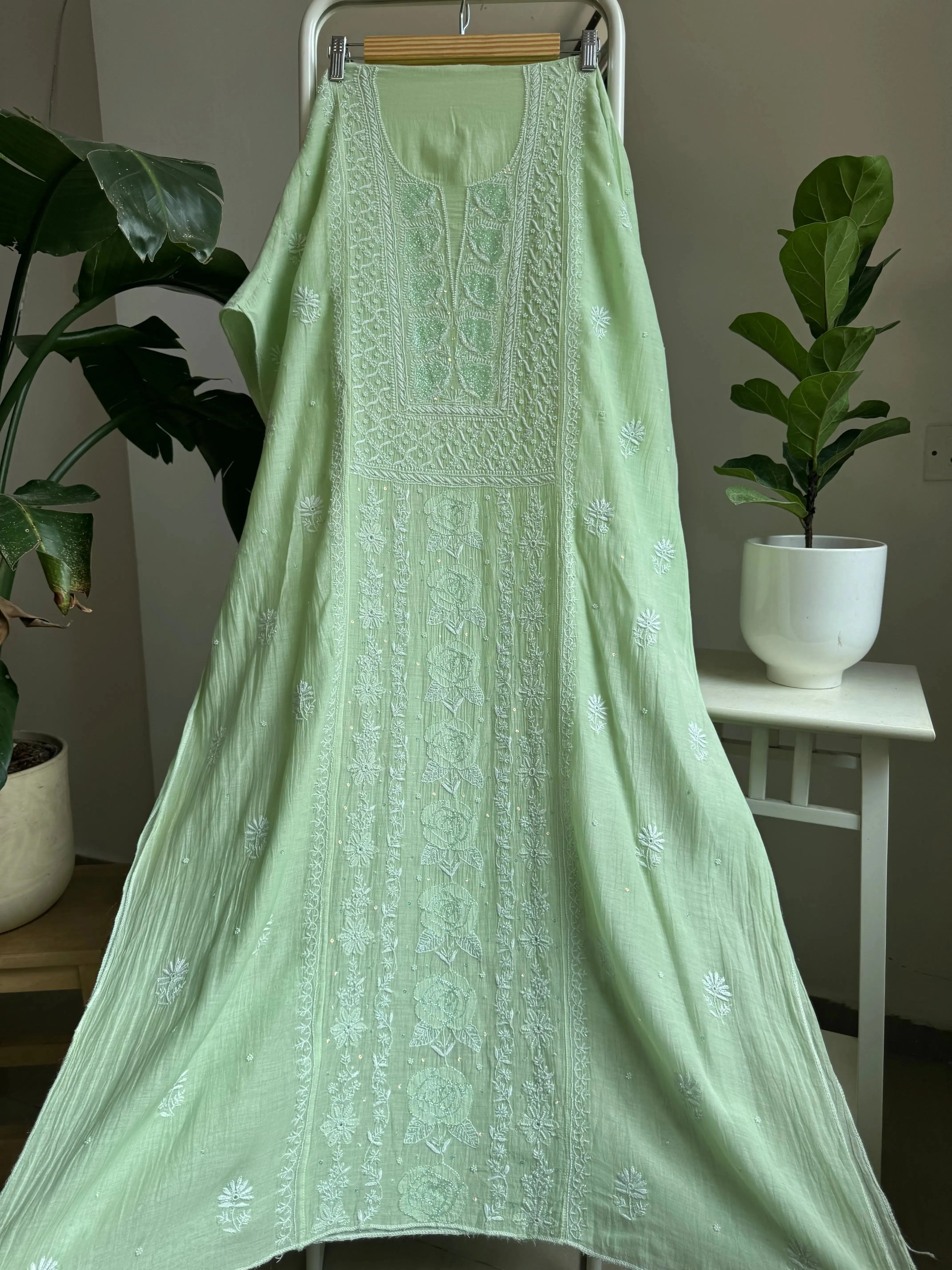 Mul Chanderi Straight Chikankari Tunic - Green