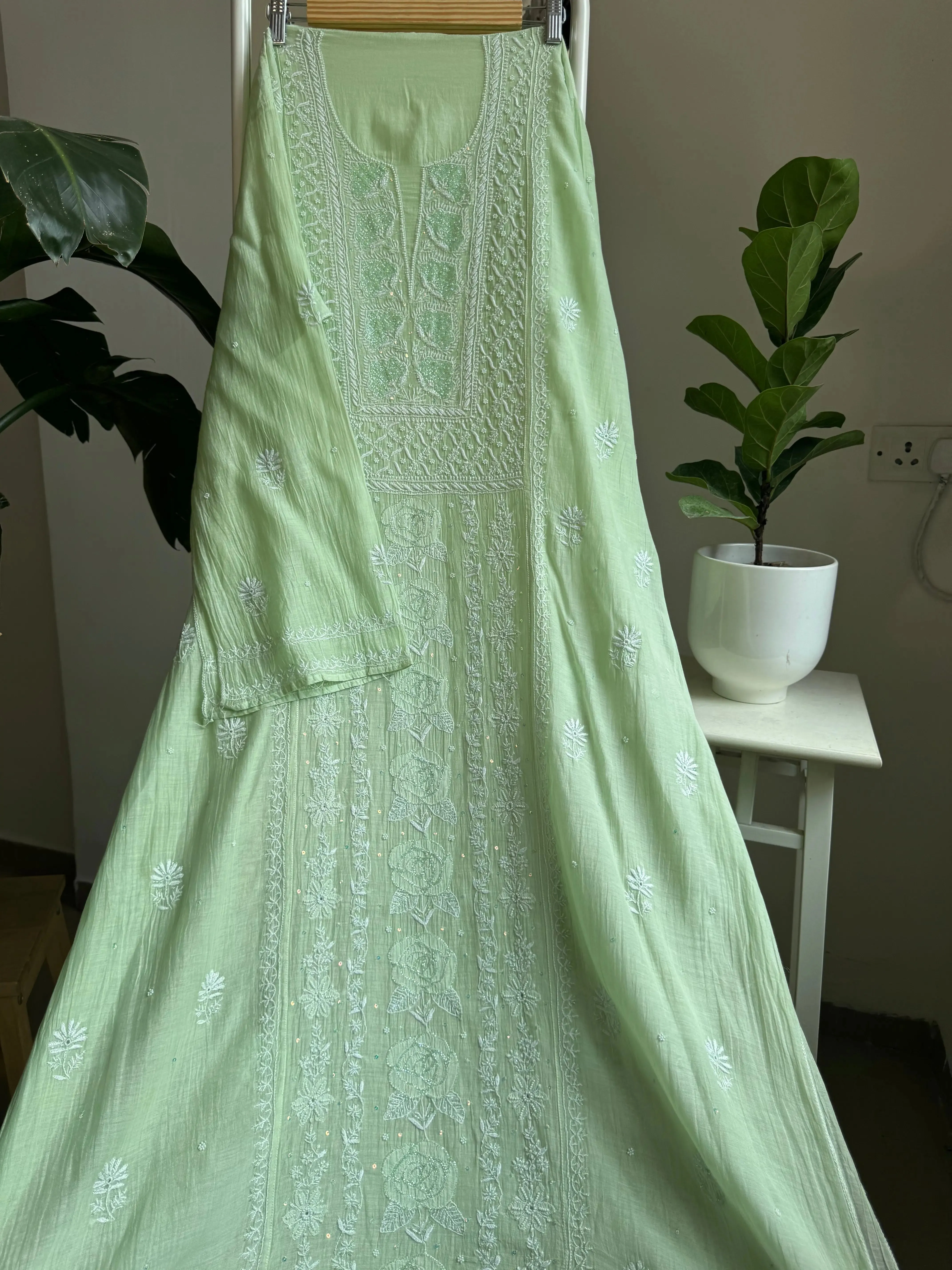 Mul Chanderi Straight Chikankari Tunic - Green