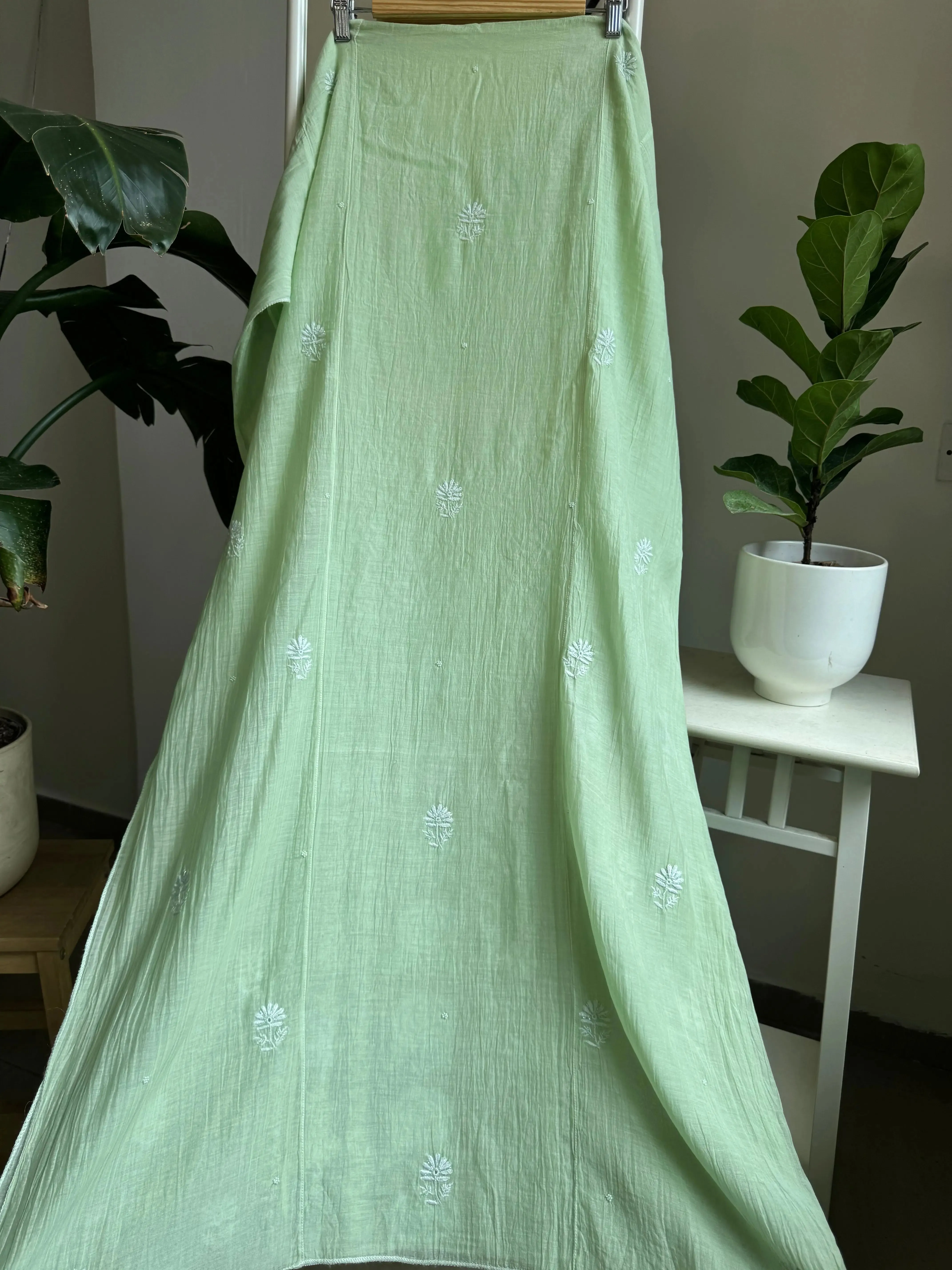 Mul Chanderi Straight Chikankari Tunic - Green