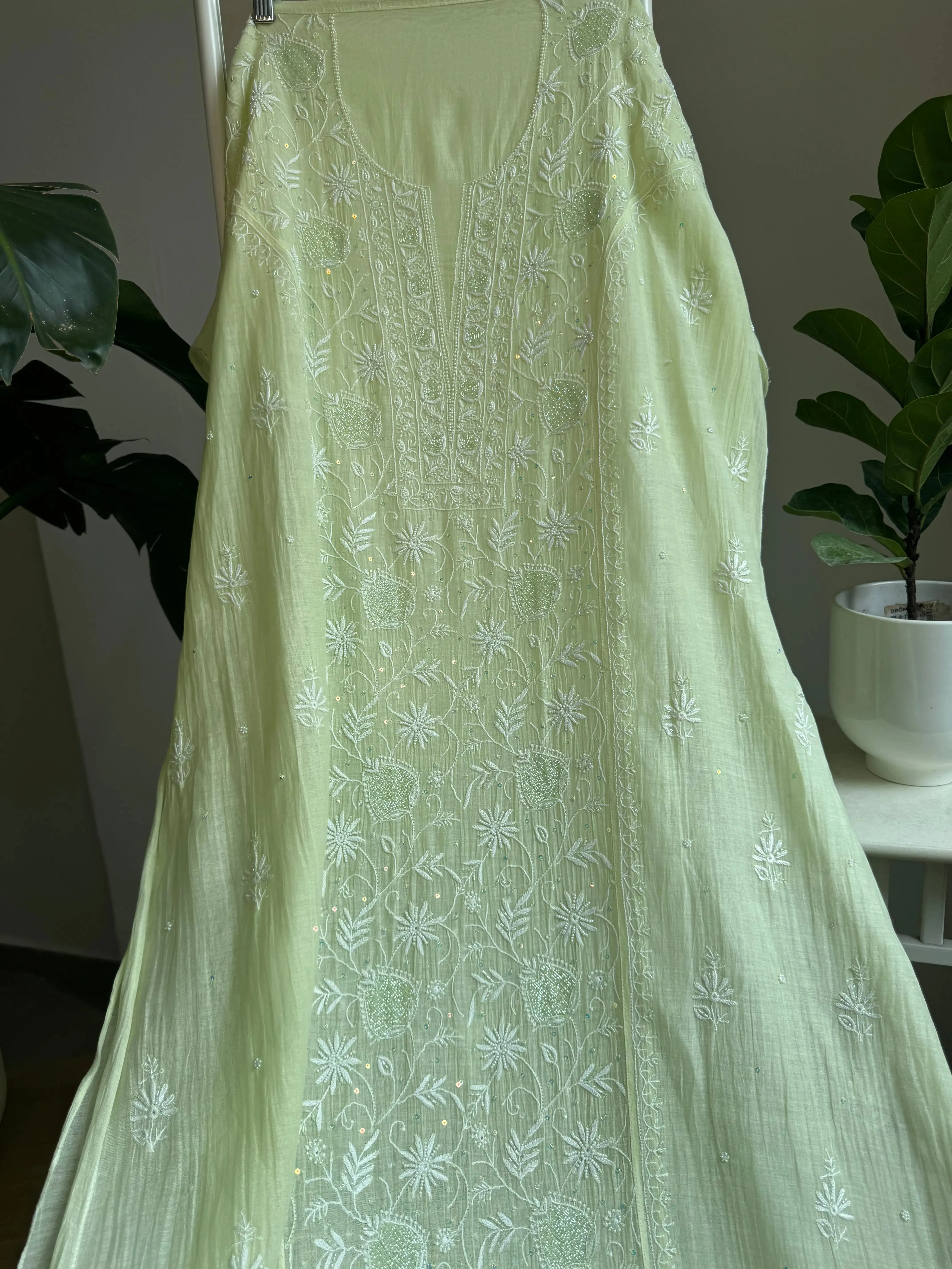 Mul Chanderi Straight Chikankari Tunic - Lemon yellow