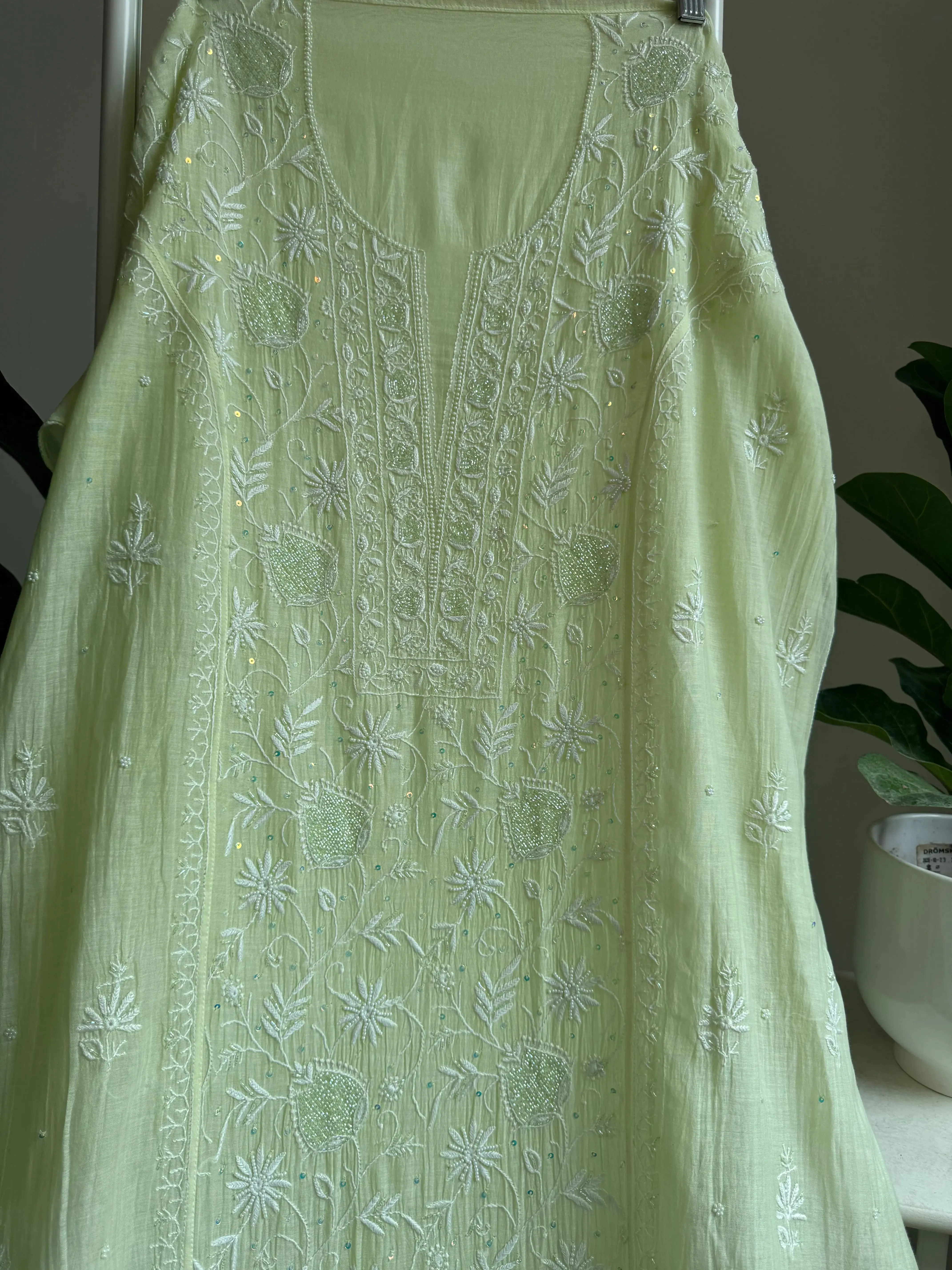 Mul Chanderi Straight Chikankari Tunic - Lemon yellow