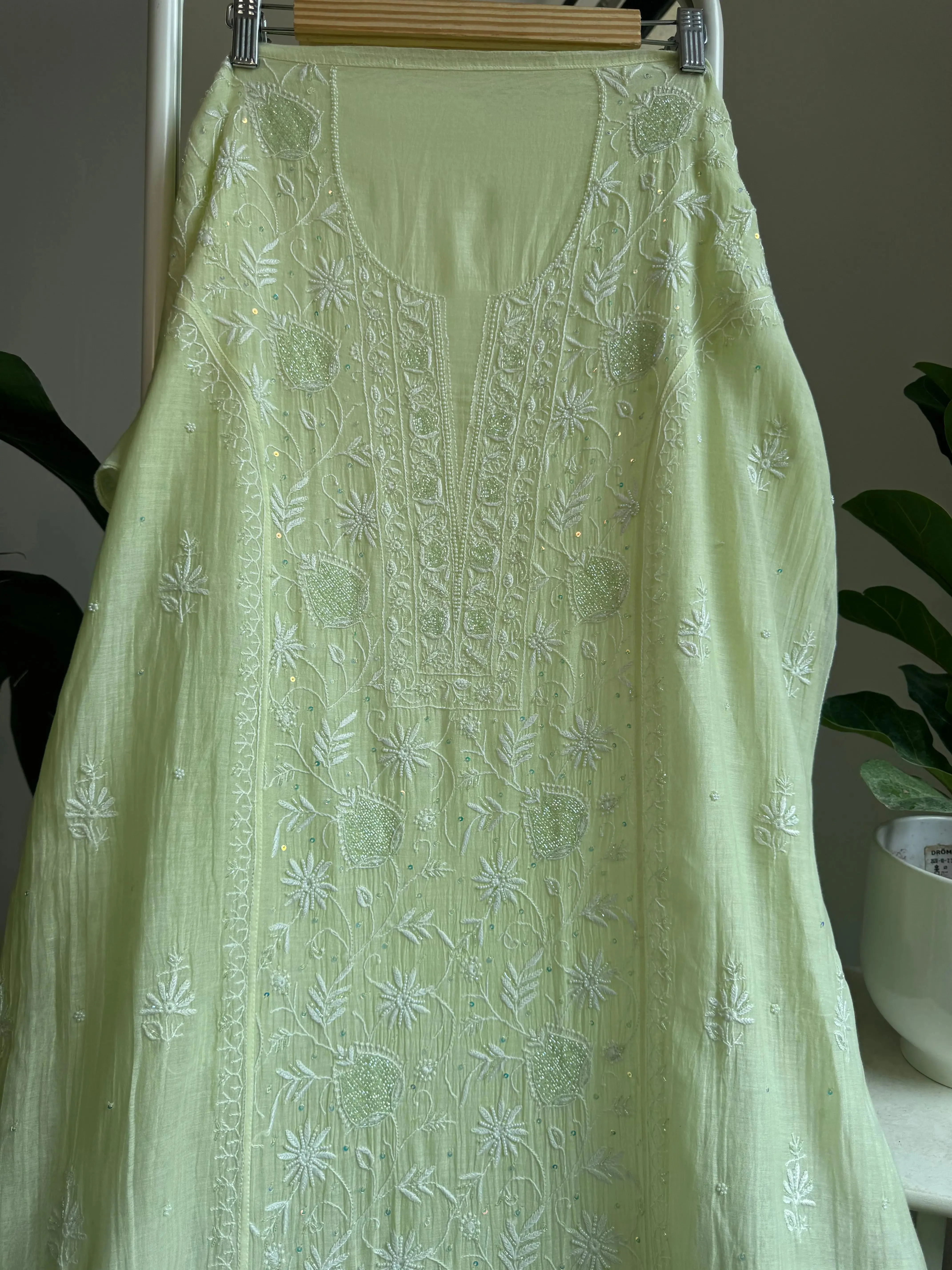 Mul Chanderi Straight Chikankari Tunic - Lemon yellow