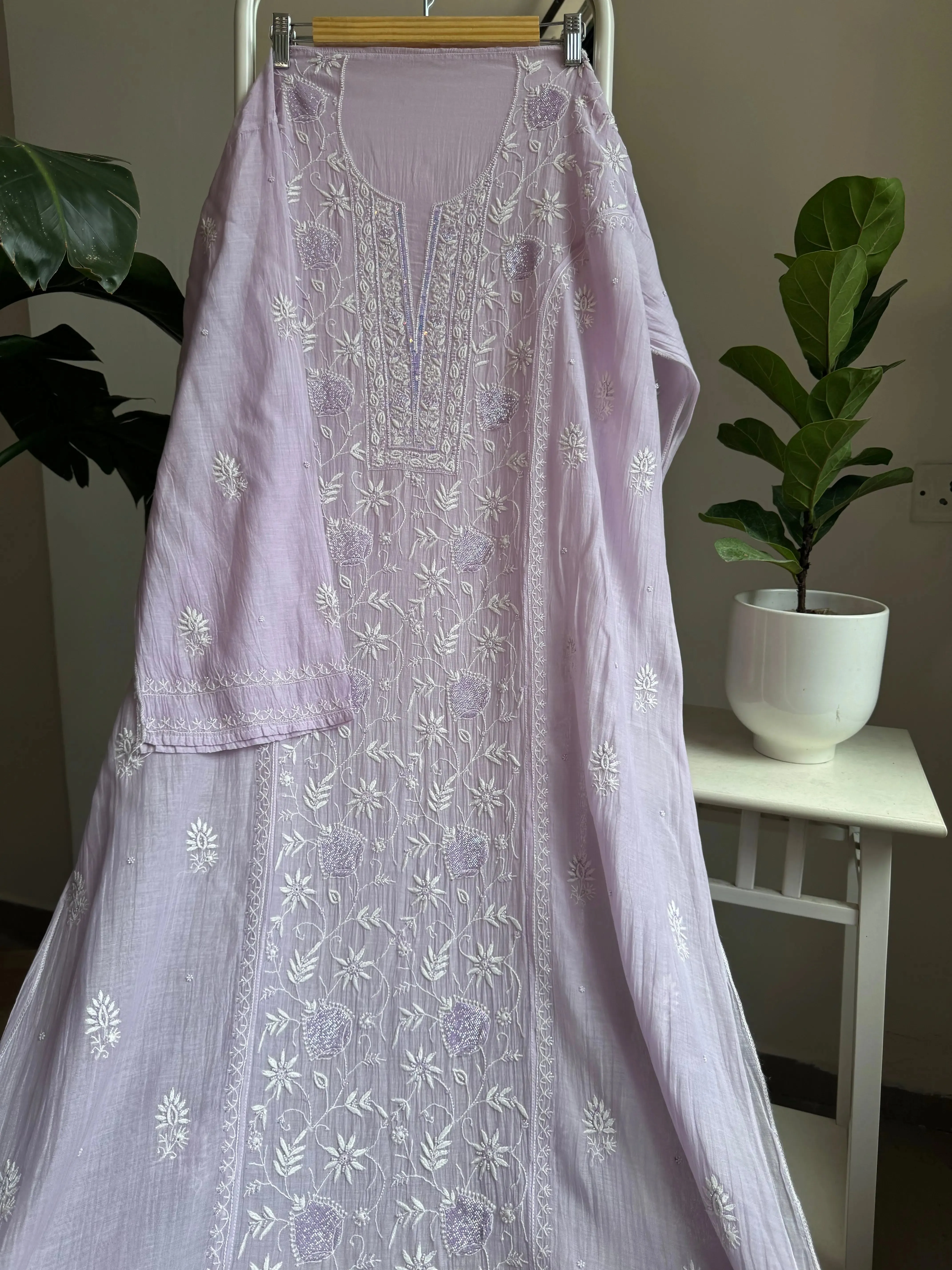 Mul Chanderi Straight Chikankari Tunic - Lilac