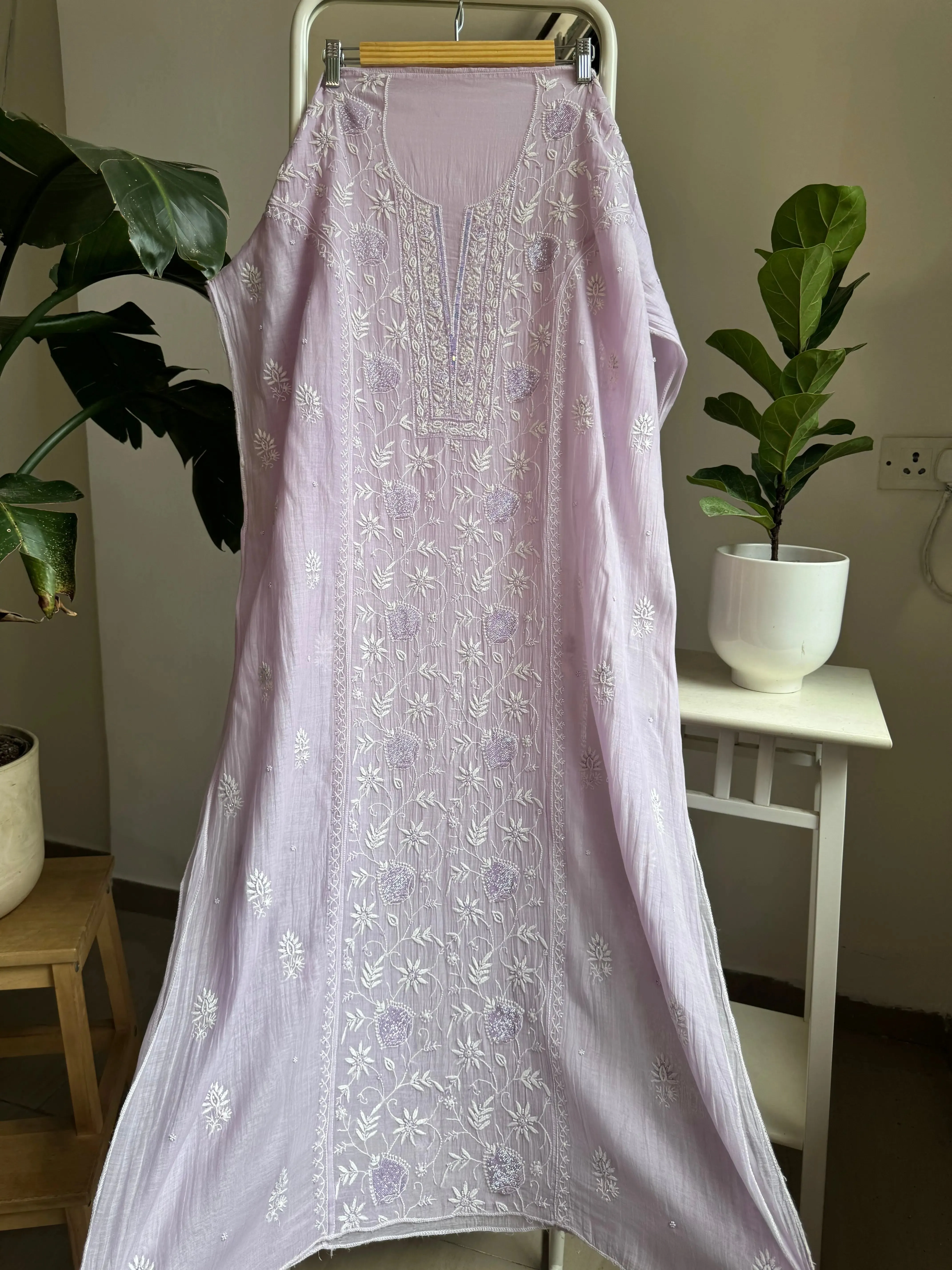 Mul Chanderi Straight Chikankari Tunic - Lilac