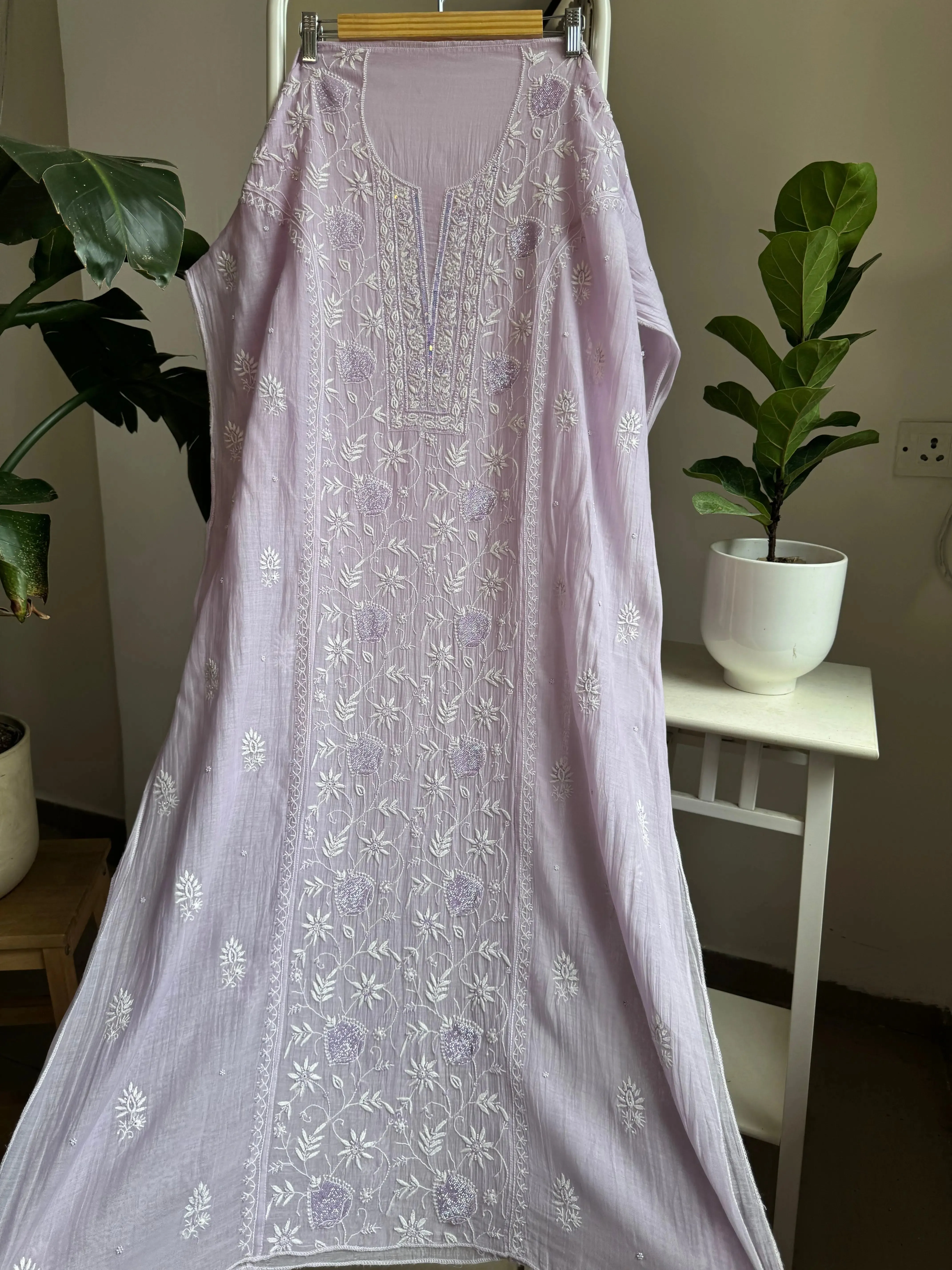 Mul Chanderi Straight Chikankari Tunic - Lilac