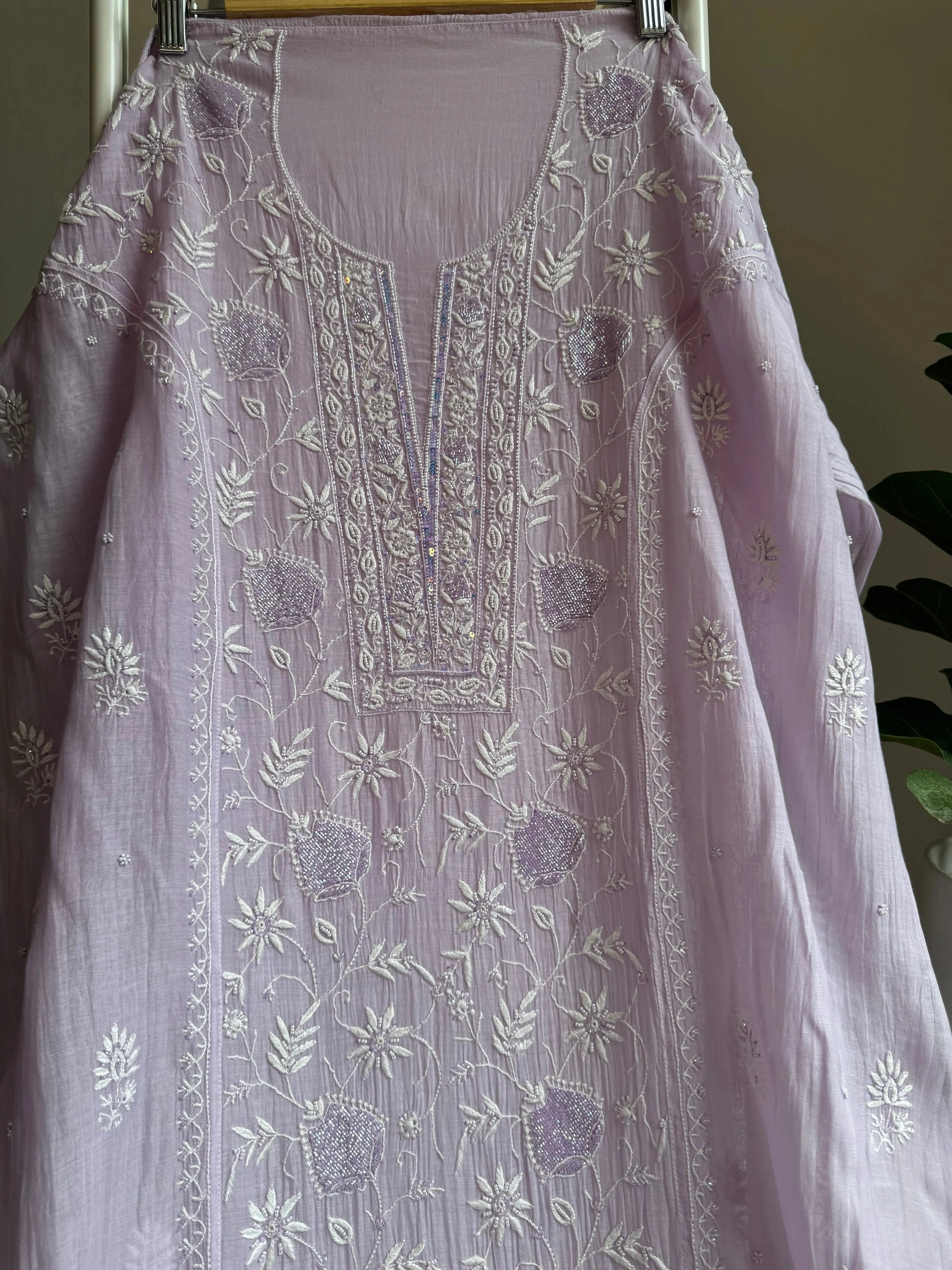 Mul Chanderi Straight Chikankari Tunic - Lilac