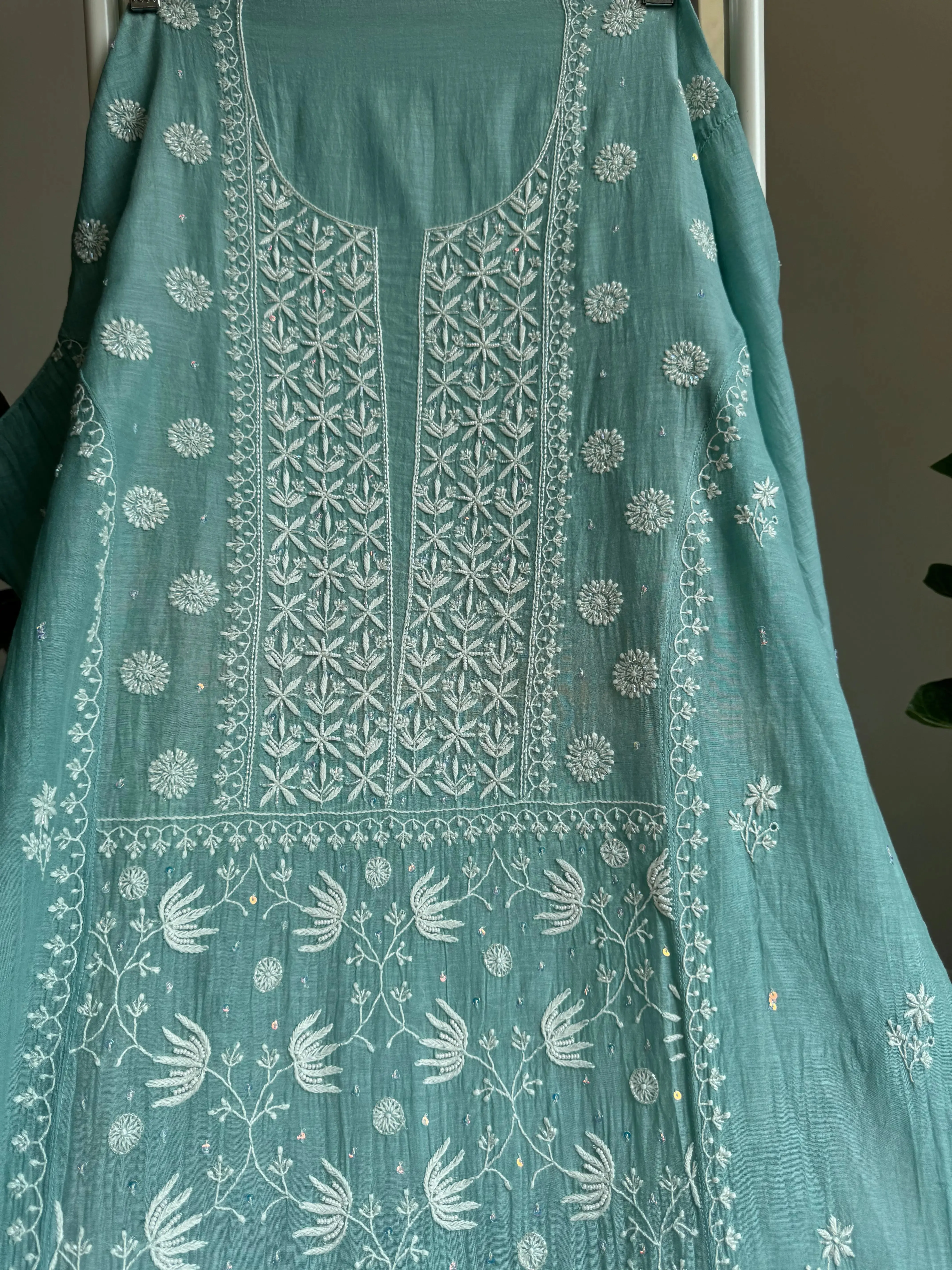 Mul Chanderi Straight Chikankari Tunic - Tiffany Blue