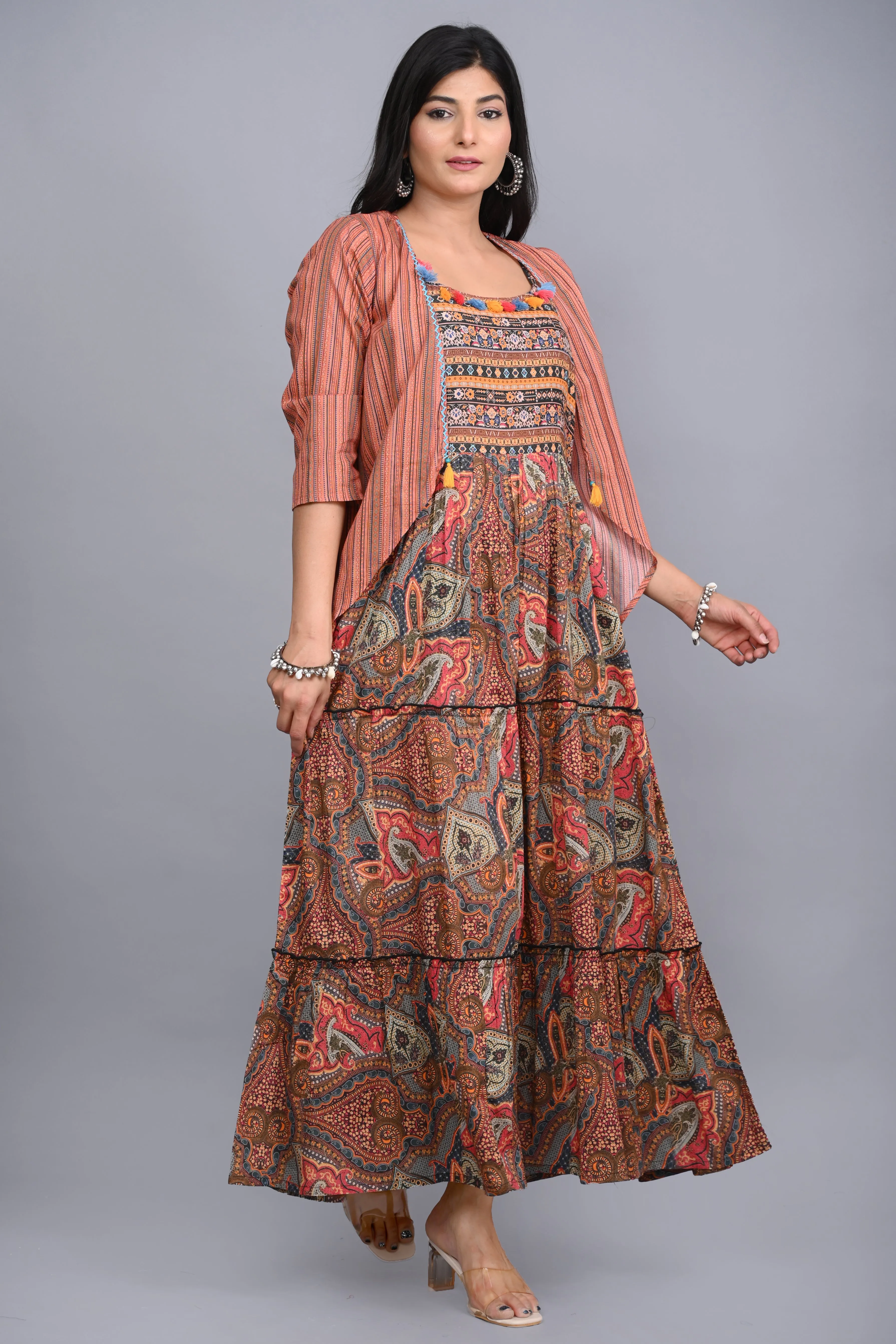 Multi Colored Cotton Ethnic Motif Maxi Dress with Shrug