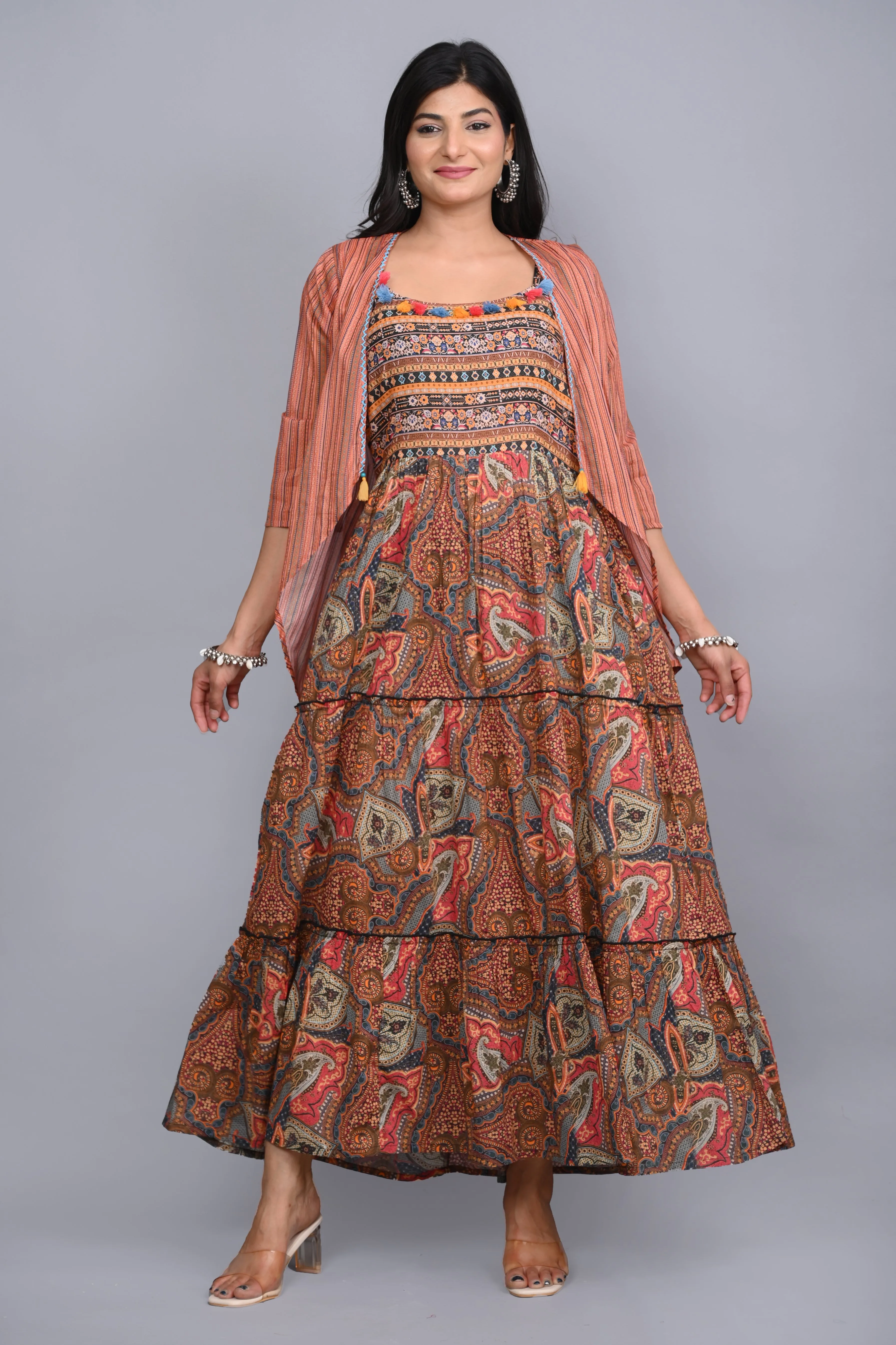 Multi Colored Cotton Ethnic Motif Maxi Dress with Shrug